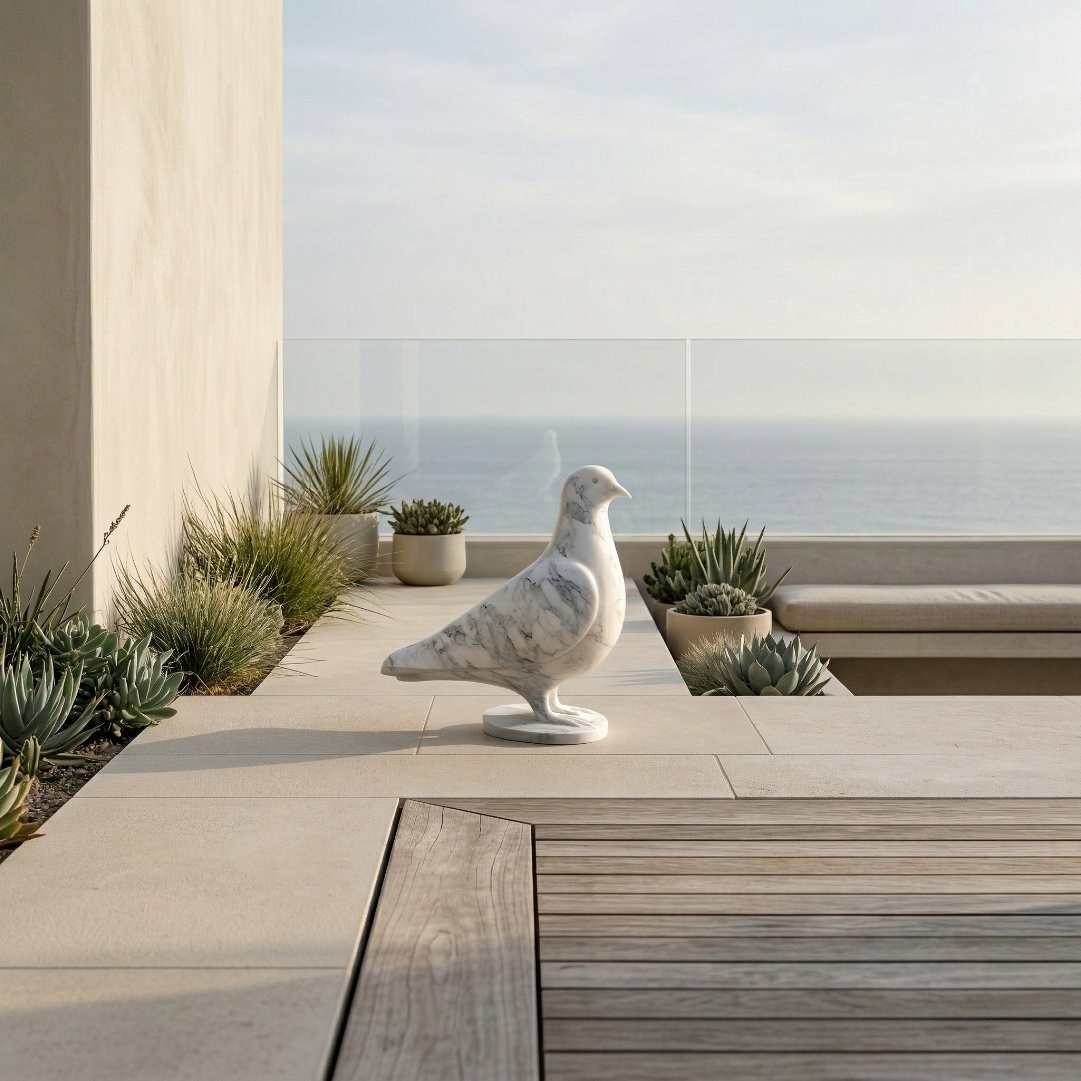 The Graceful Dove Marble Outdoor Sculpture - 50cm by Giant Sculptures is showcased on a modern patio with potted succulents, pale stone and wood floors, plus a glass railing with ocean views beneath a hazy sky.