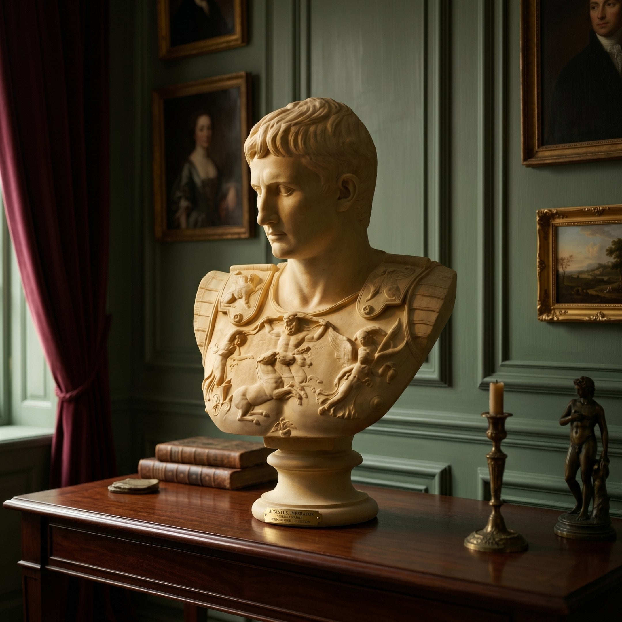 The Roman Emperor Marble Bust Sculpture - 75cm by Giant Sculptures is displayed on a wooden table in a green-walled room with framed art, books, and decor. Sunlight from red curtains highlights the bust’s fine marble details.