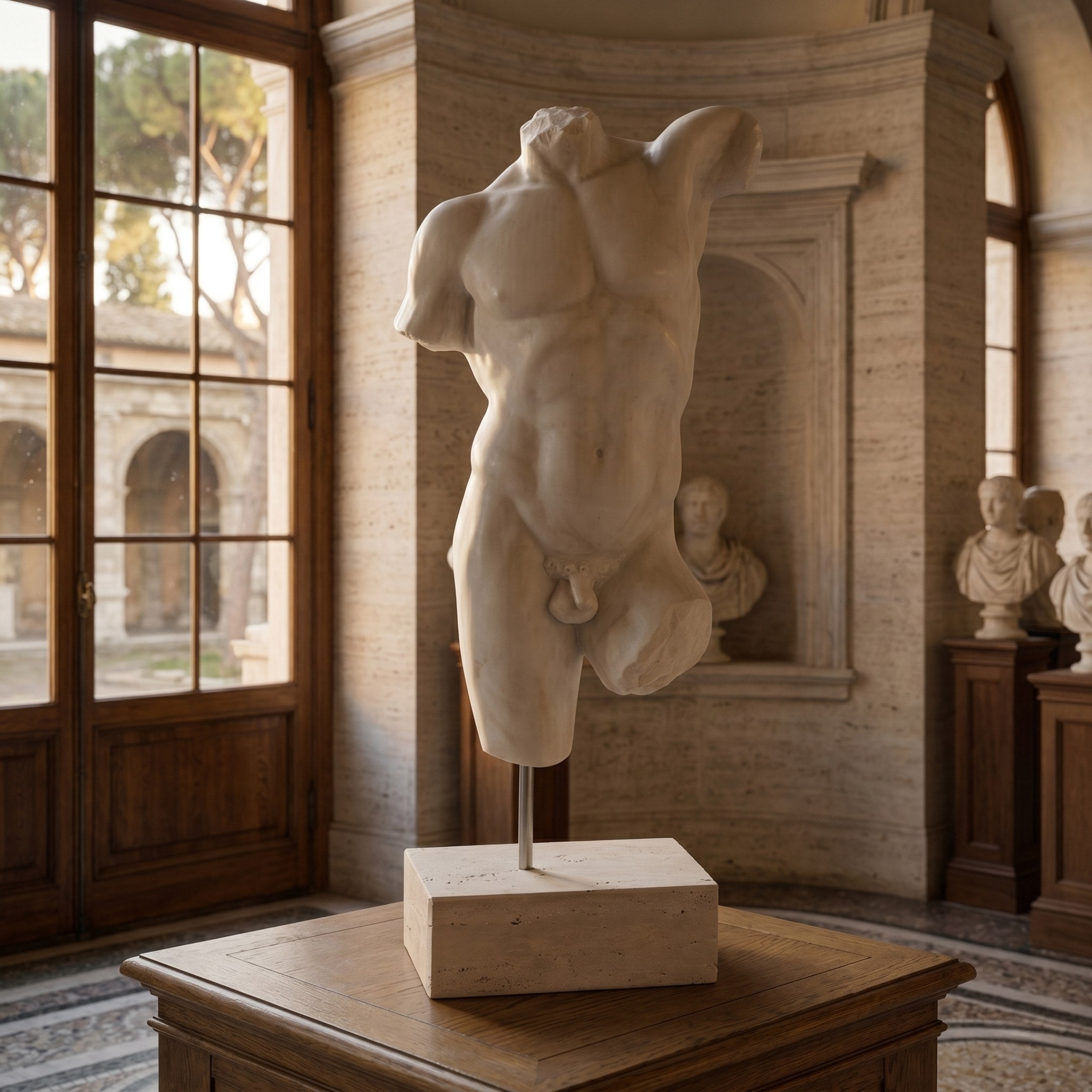 The Classical Male Marble Torso Sculpture - 100cm by Giant Sculptures is showcased on a pedestal in a museum room with large windows, wooden panels, and classical busts in the background.