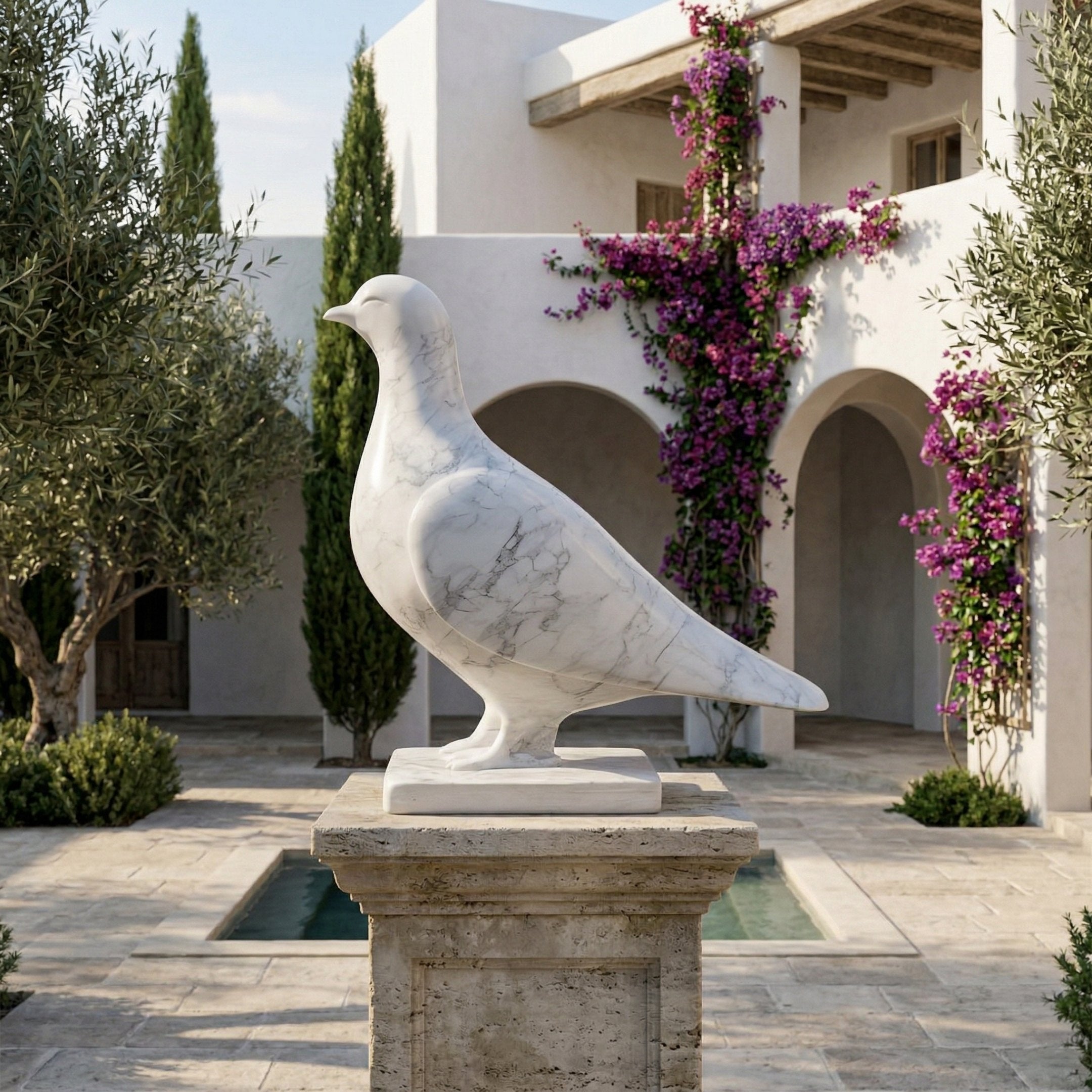 The Giant Sculptures Classic White Dove Marble Outdoor Sculpture - 50cm sits on a stone pedestal in a sunlit courtyard with olive trees, a pool, arched doorways, and purple bougainvillea climbing a white building.