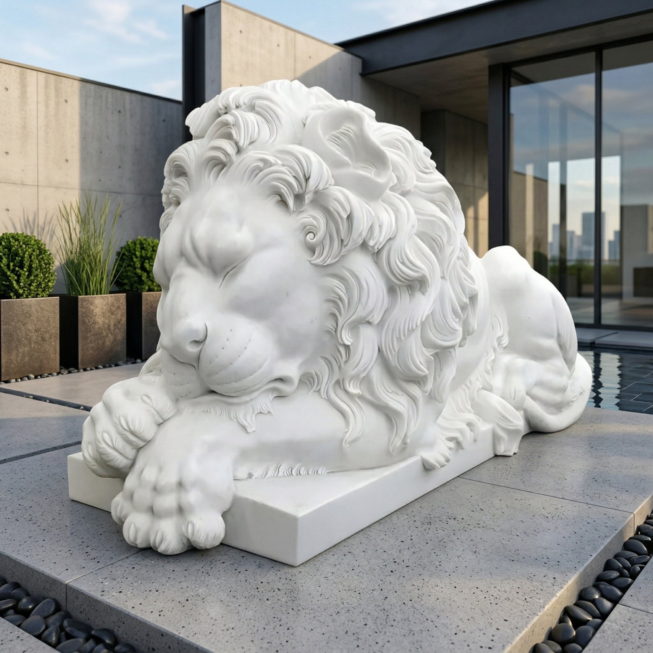 The Giant Sleeping Lion Marble Outdoor Sculpture - 200cm by Giant Sculptures rests elegantly on a concrete platform in a modern outdoor space, surrounded by sleek architecture, glass walls, and potted plants.