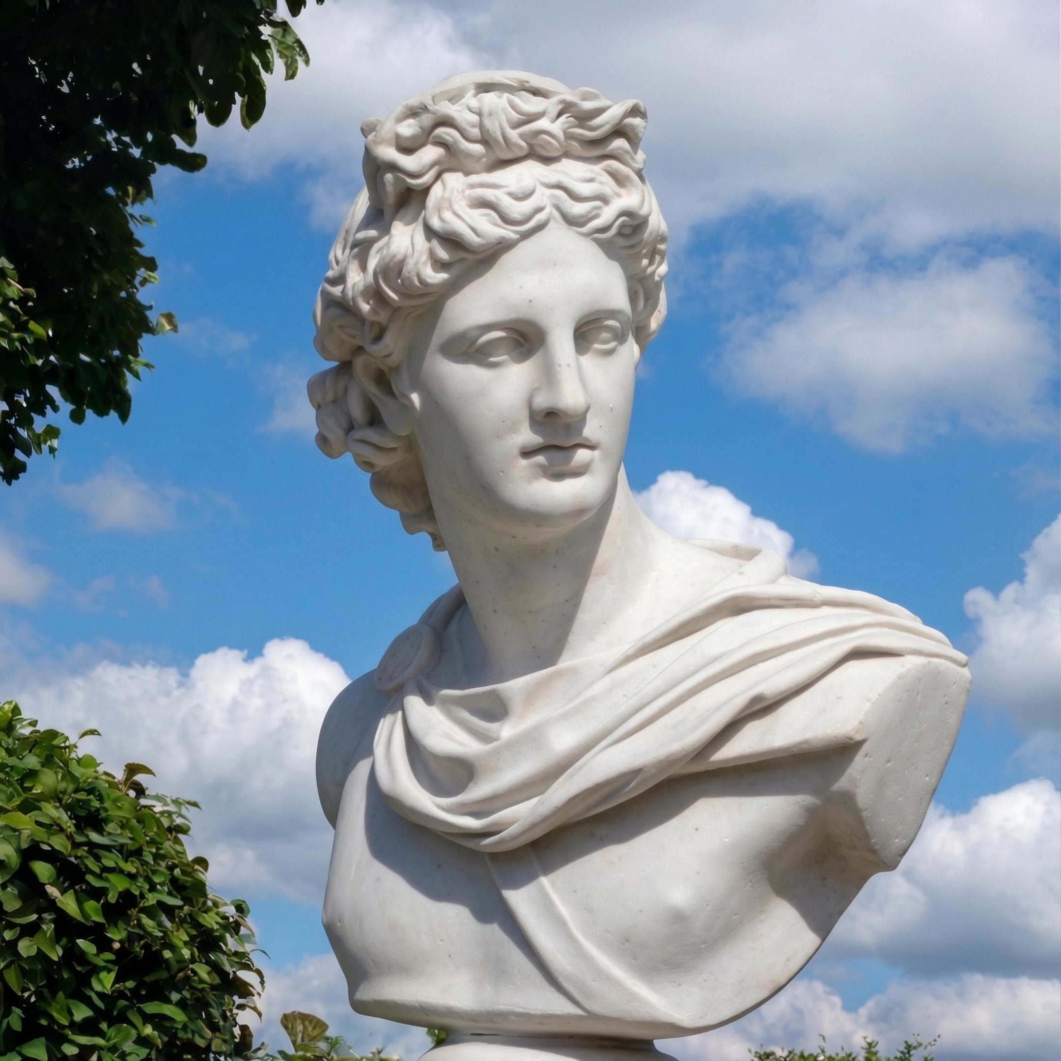 The Apollo Marble Bust Sculpture (75cm) by Giant Sculptures features a white classical figure with curly hair and draped clothing, displayed outdoors amid green foliage and a partly cloudy blue sky.