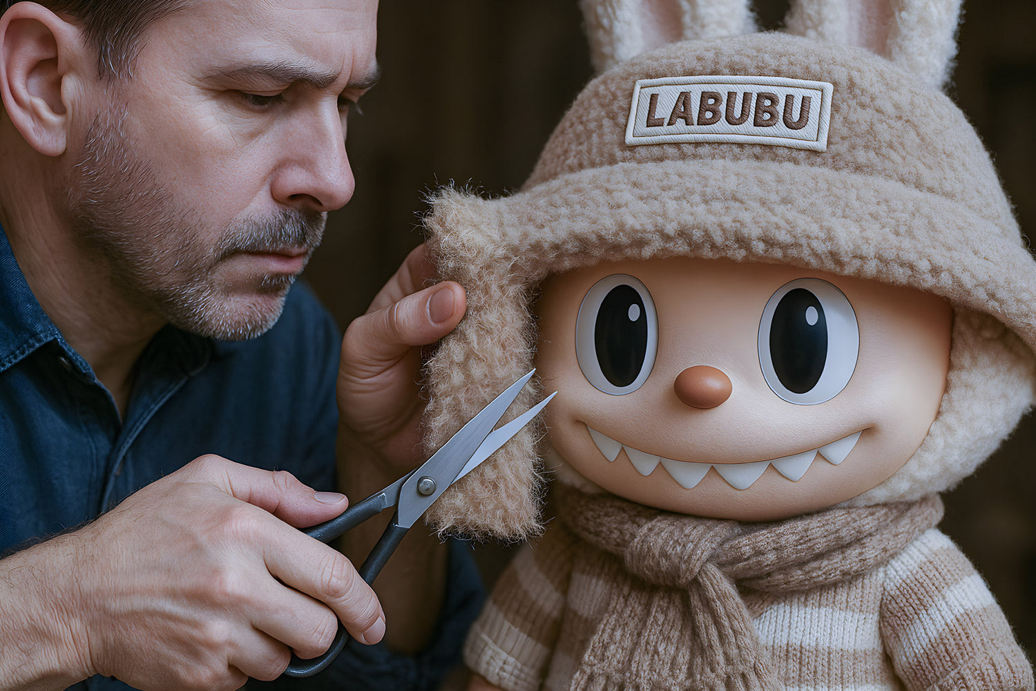 A man carefully trims the ear of a large, plush toy wearing a hat labeled LABUBU. The toy has big eyes, a wide grin, and is dressed in cozy, furry winter clothes.