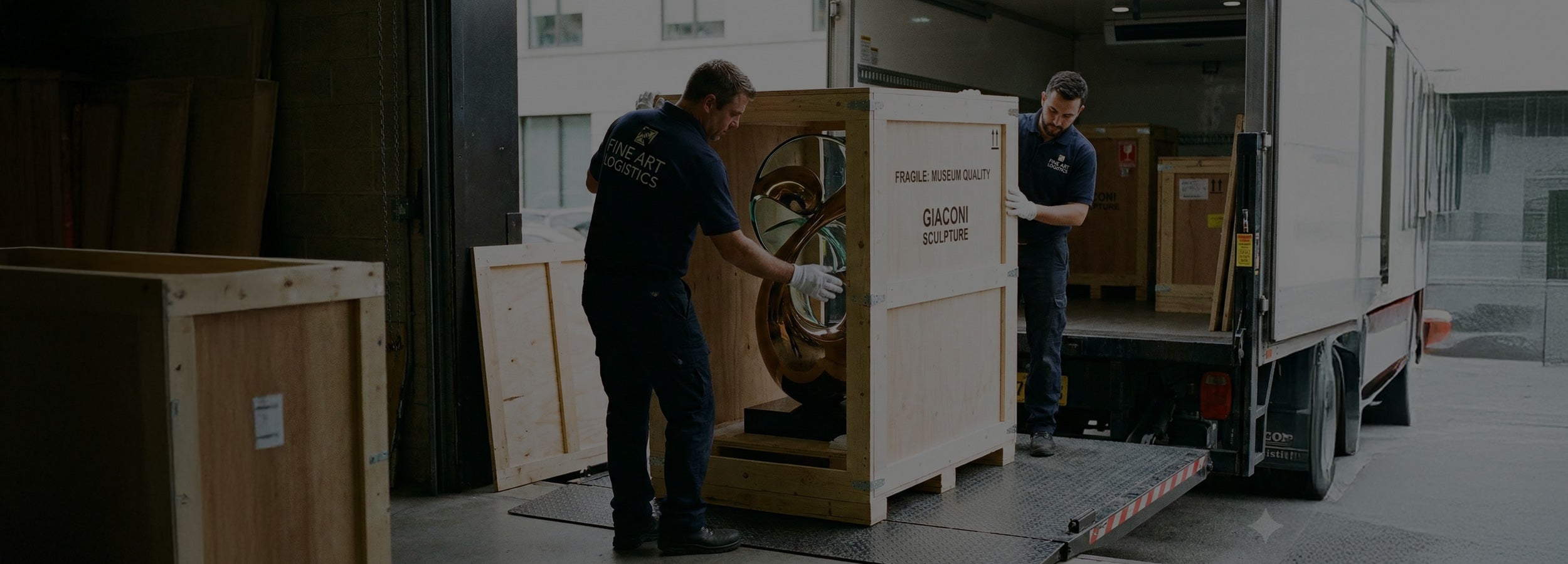 Two men unloading large wooden crates containing sculptures from a truck in an industrial setting.