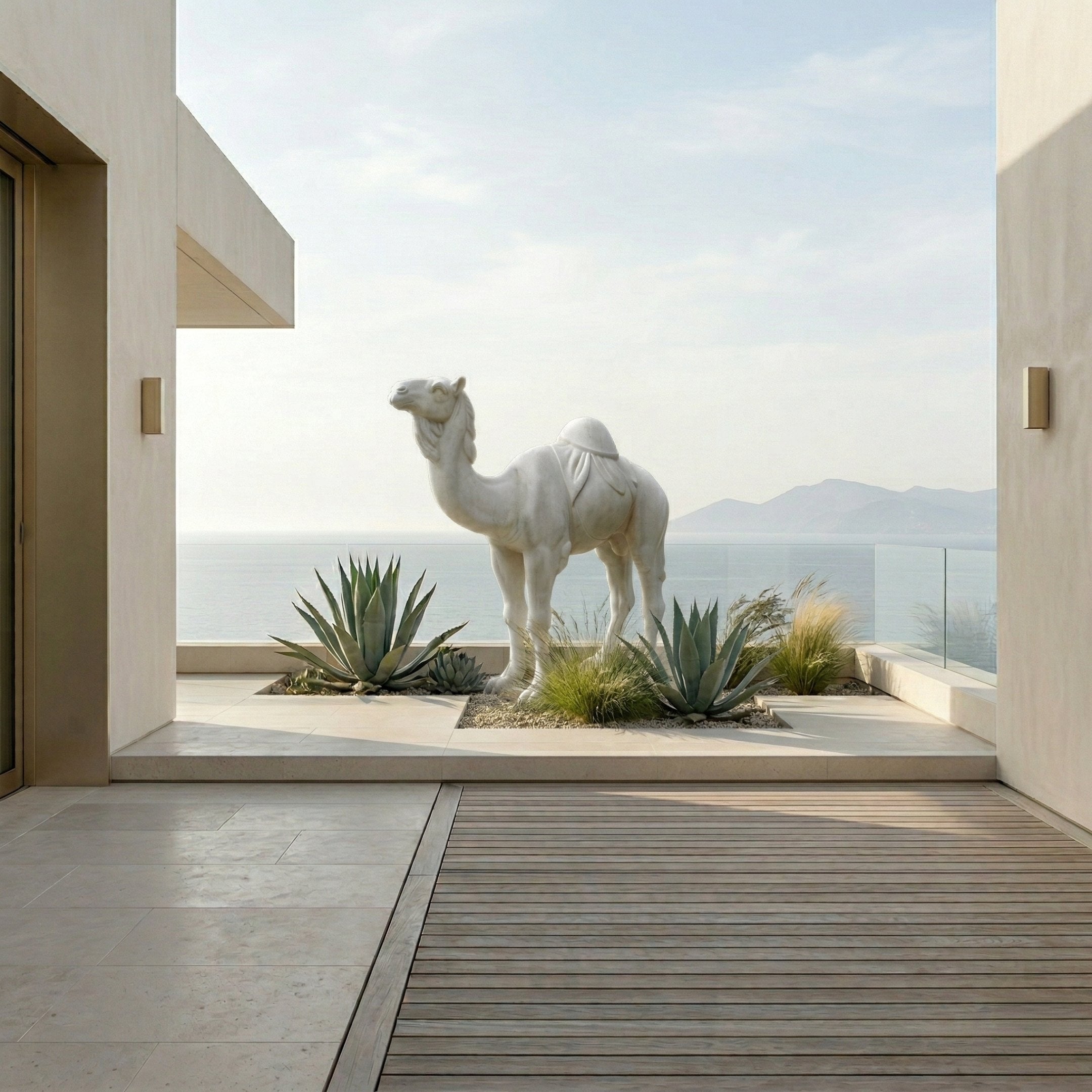 The Elegant Camel Marble Outdoor Sculpture by Giant Sculptures (160cm) is set among agave plants on a patio with beige walls, offering views of the ocean and distant mountains beneath a hazy sky.