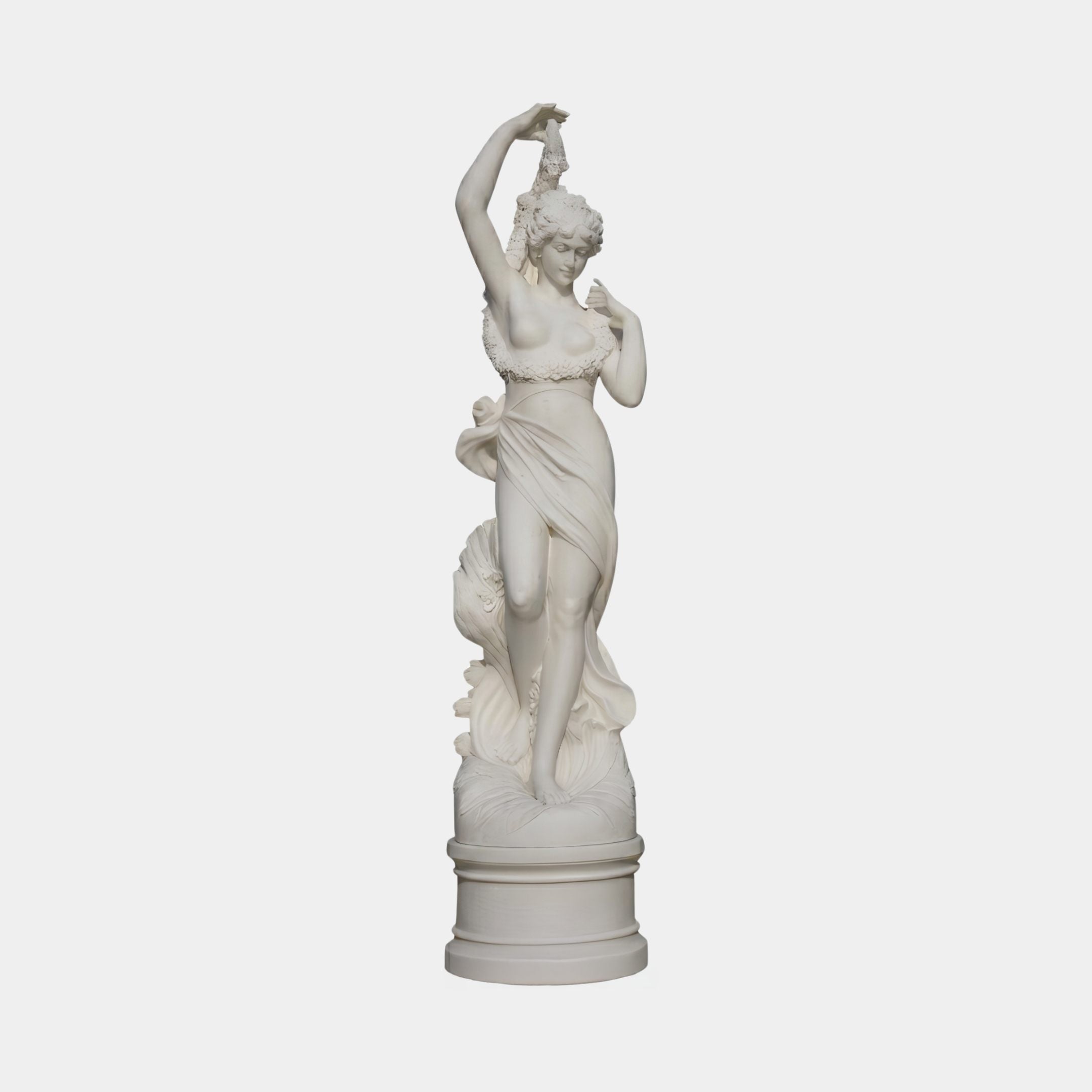 Female Figure with Pedestal Marble Sculpture by Giant Sculptures, 210cm, depicting a classical woman in flowing drapery with arm raised, on a round pedestal base.