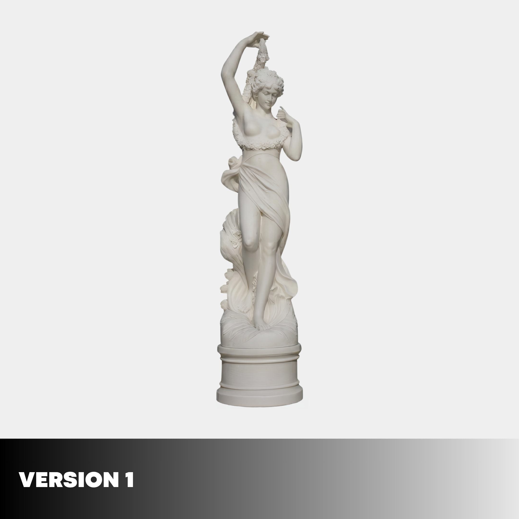Female Figure with Pedestal Marble Sculpture 210cm by Giant Sculptures, classical woman with raised arm and draped robe on a round pedestal, white background.