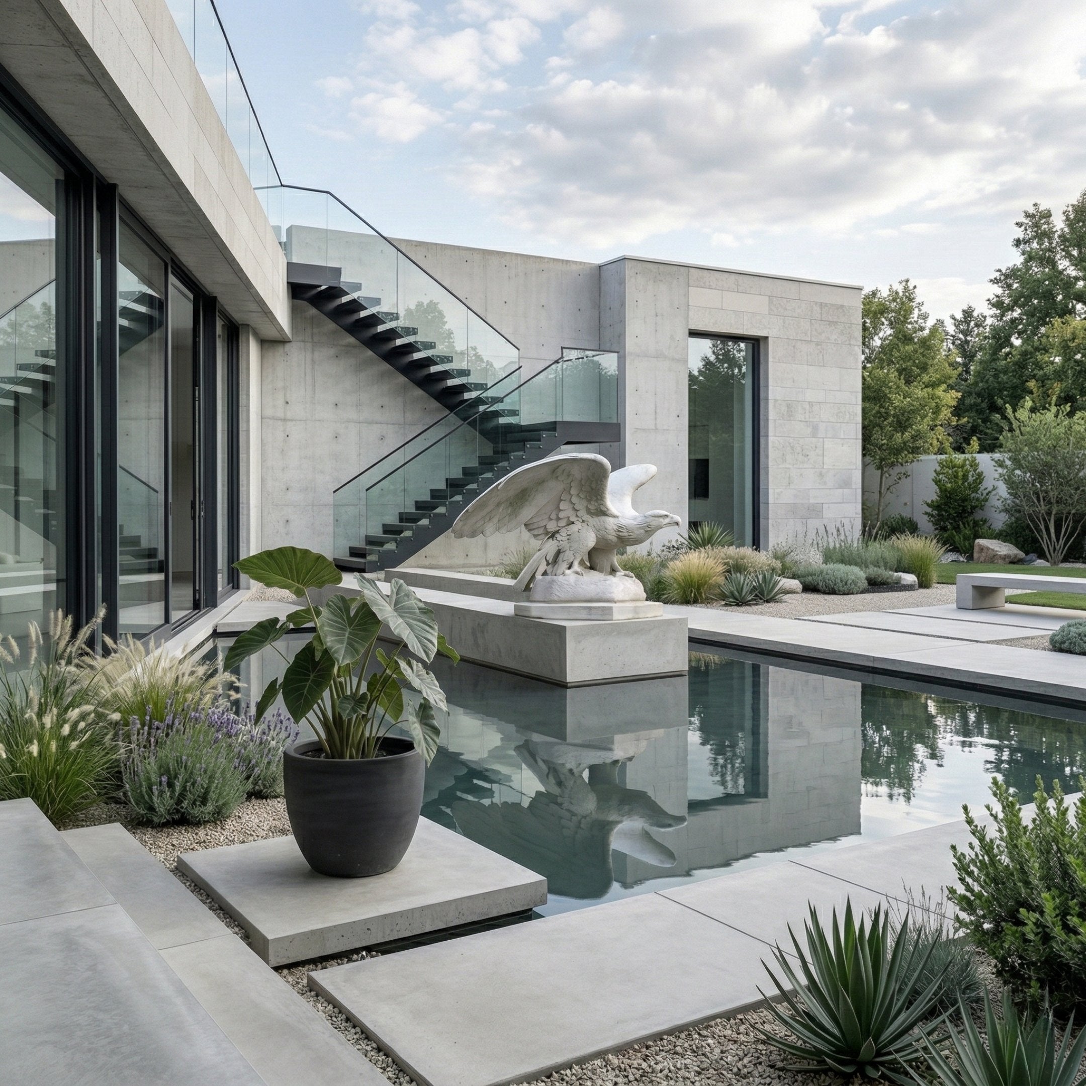 A modern courtyard features the Steadfast Gaze Eagle Marble Outdoor Sculpture (120cm) by Giant Sculptures as a centerpiece in a rectangular reflecting pool, surrounded by concrete, glass railings, and minimalistic green landscaping.
