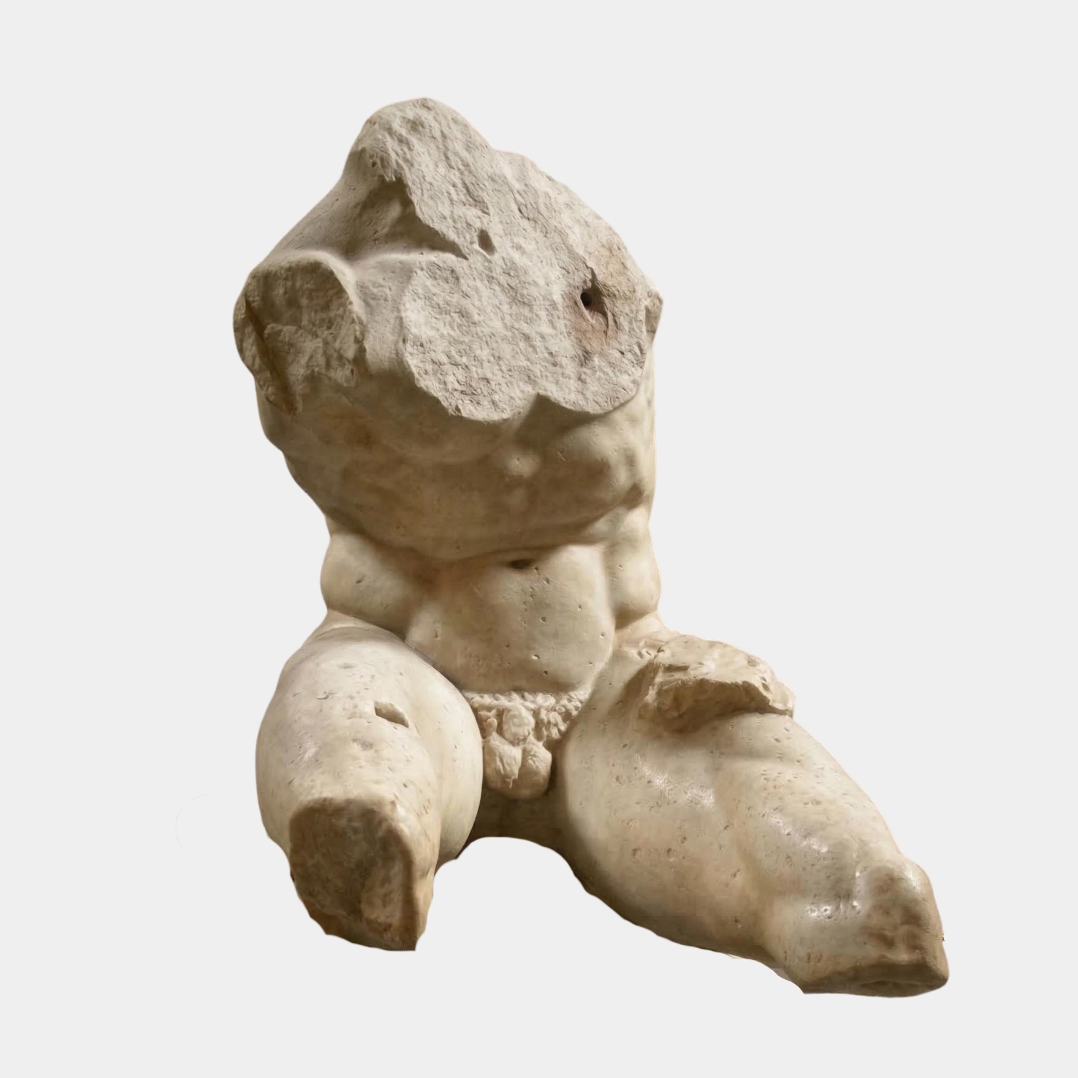 The Antique Marble Torso Fragment Sculpture - 80cm by Giant Sculptures is a damaged marble fragment of a seated child, missing arms, feet, and head. The figure has a garment at the waist—an intriguing archaeological piece.