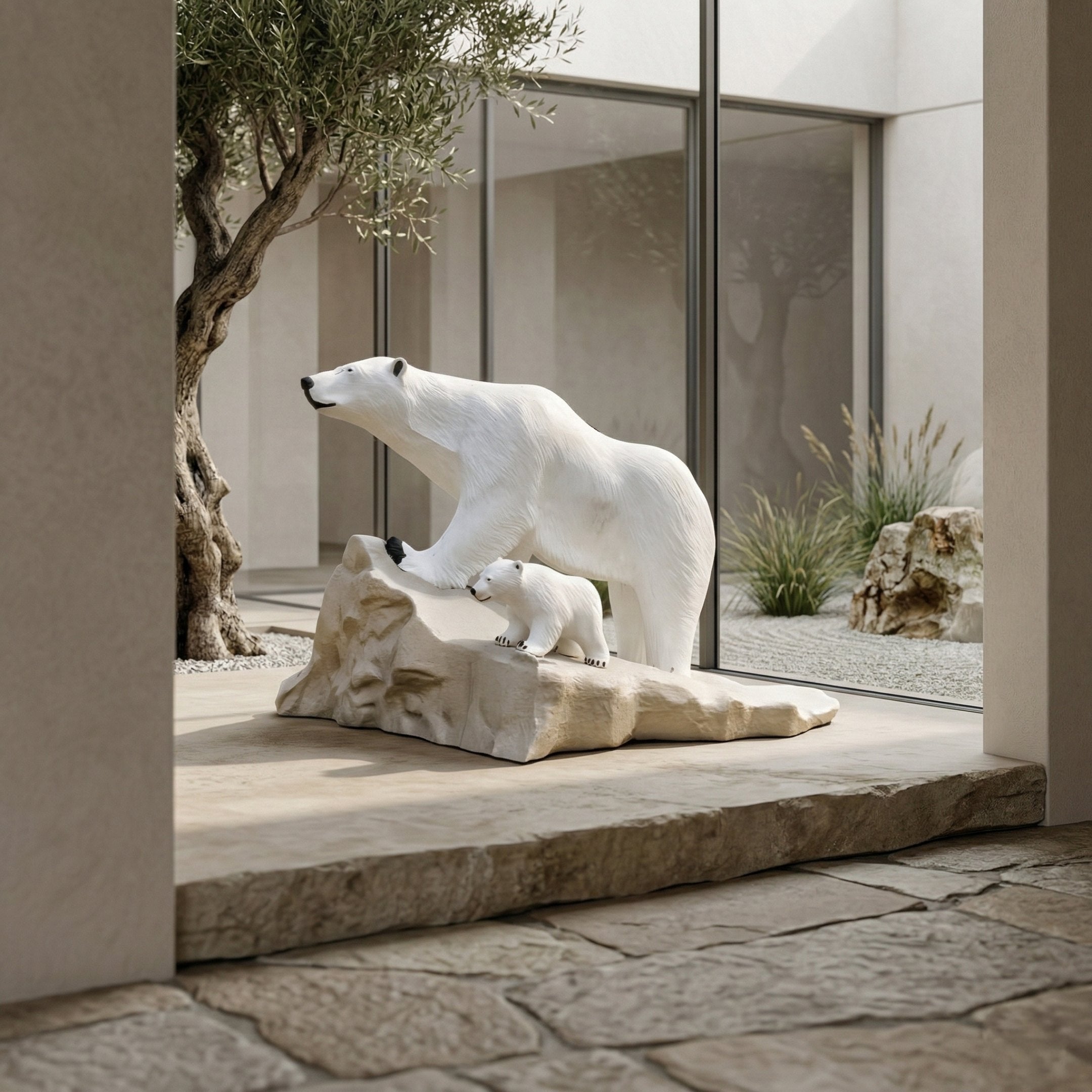 The Polar Bear Family White Marble Outdoor Sculptures (180cm) by Giant Sculptures stand on a rock indoors near large windows, with an olive tree and minimalist landscaping visible outside.