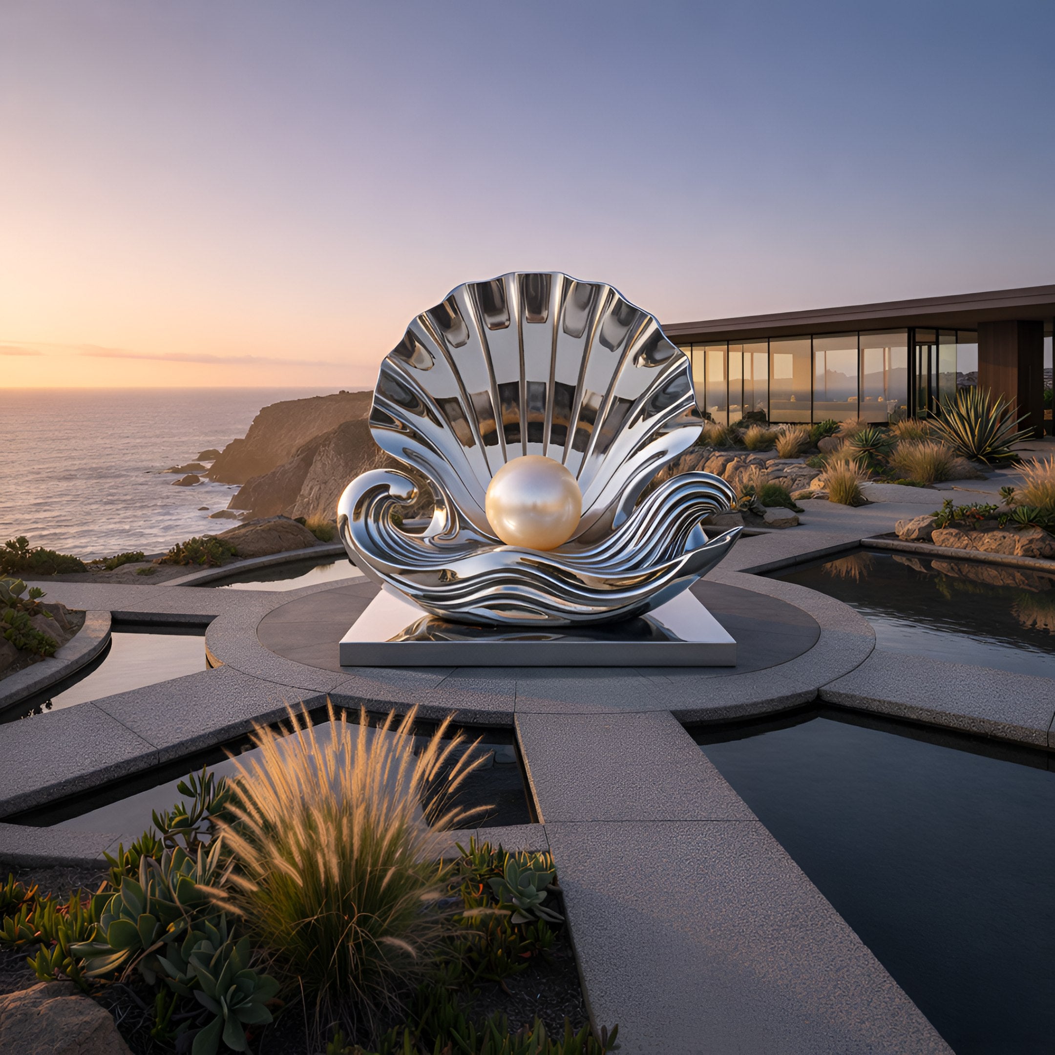 The Cradle Silver Shell Steel Sculpture (200cm) by Giant Sculptures is a striking contemporary statement piece, featuring a large silver shell holding a pearl—perfect for outdoor display near modern architecture and coastal landscapes.