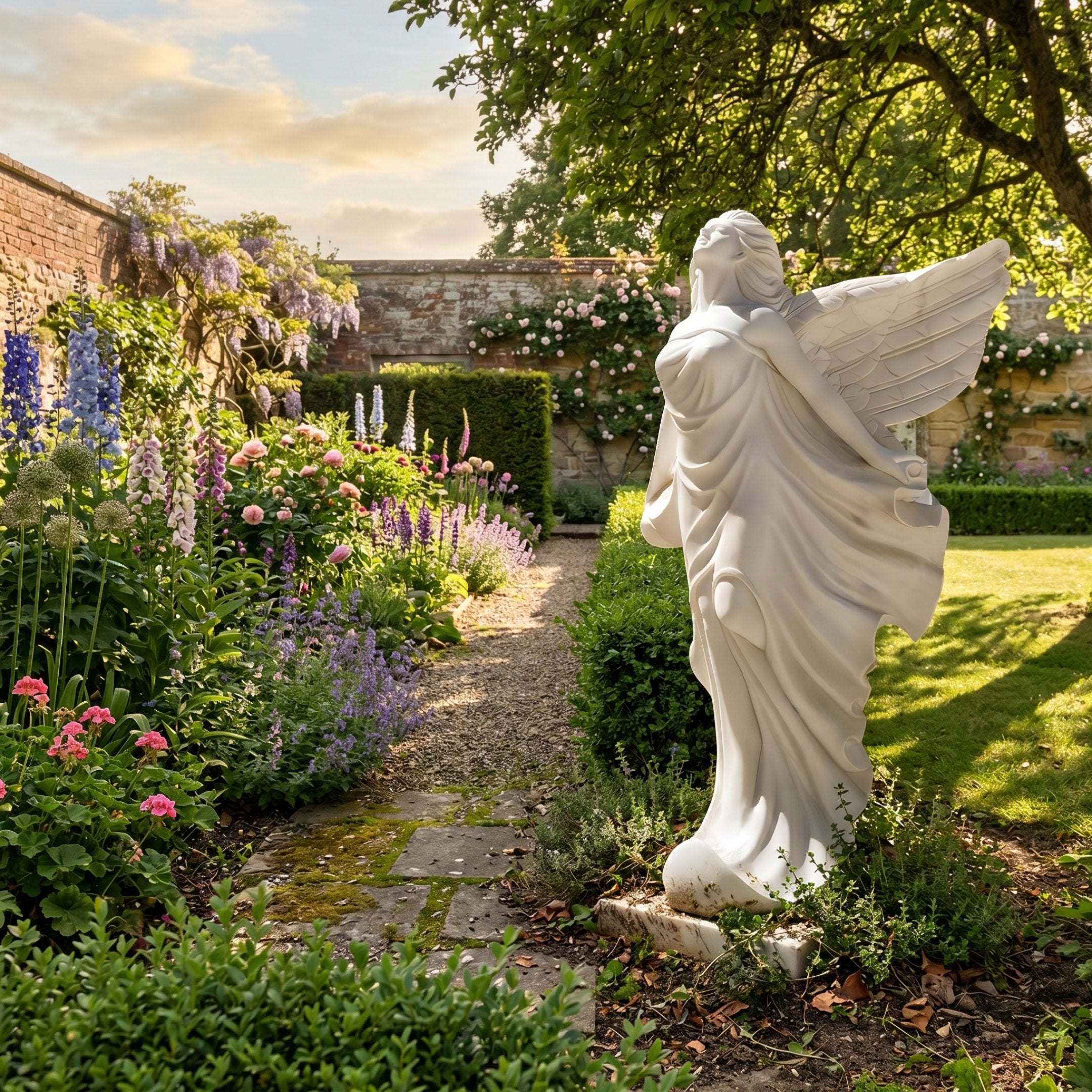 Flying Angel Marble Outdoor Sculpture by Giant Sculptures, 180cm white marble angel in mid-flight with billowing robes and spread wings, shown in a walled English garden with colorful flower borders.