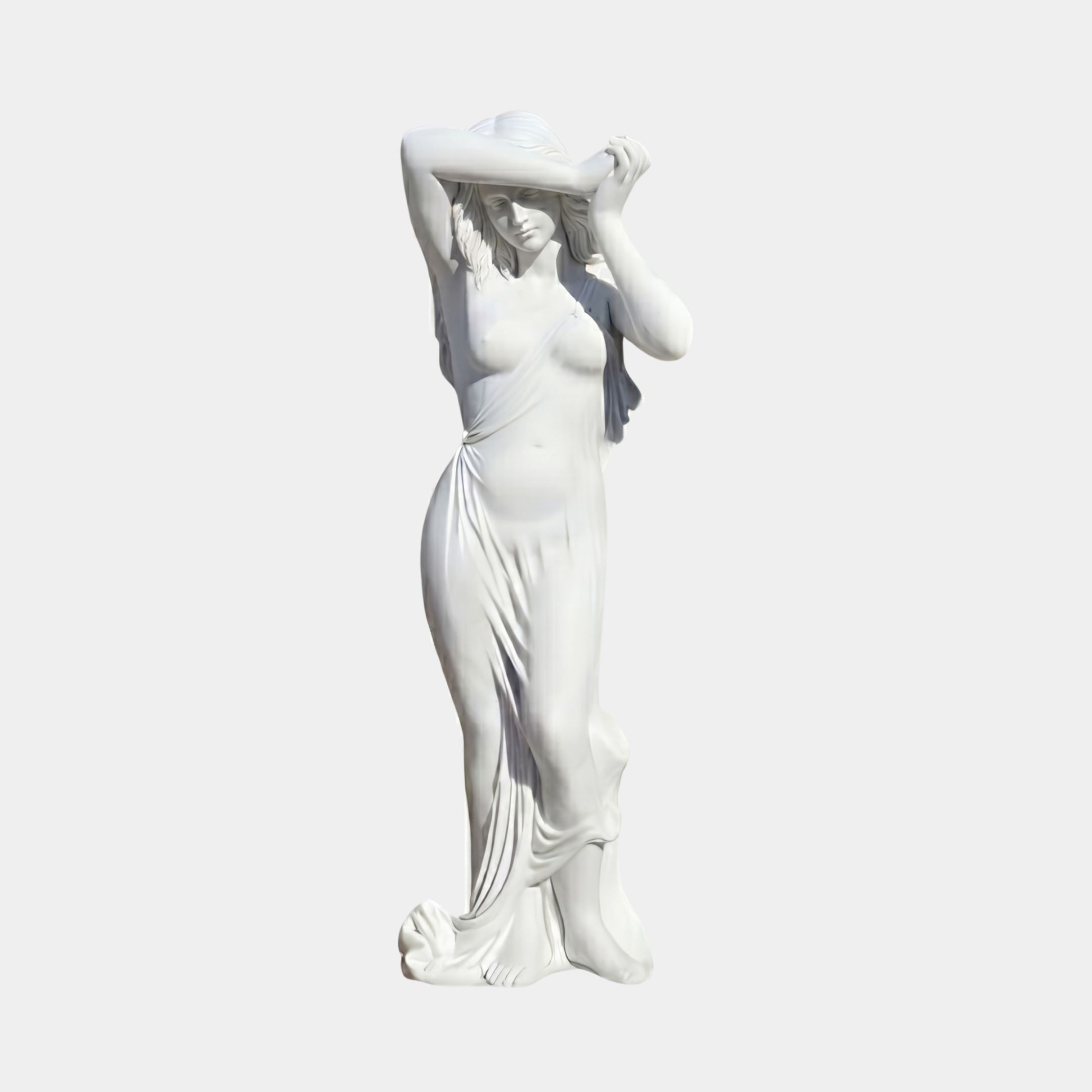 Standing Bathing Woman Marble Sculpture 160cm by Giant Sculptures, depicting a draped female figure with arms raised to her hair, shown against a plain background.