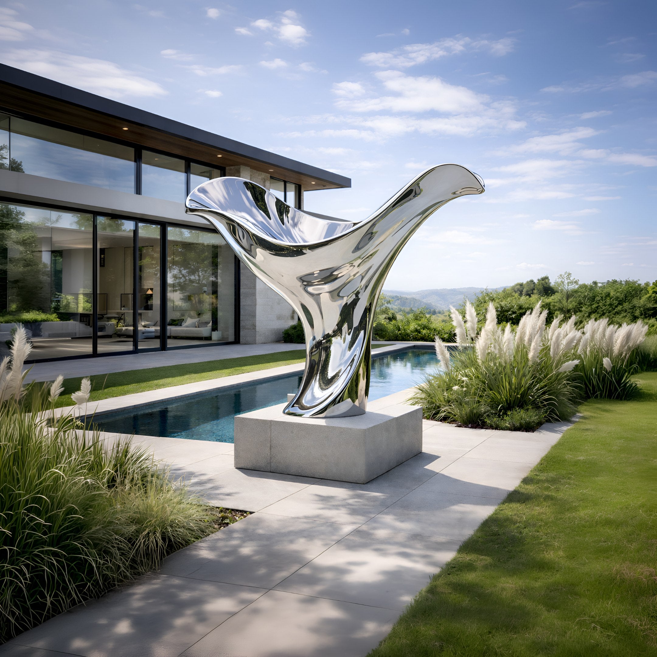 The Drift Wave Silver Abstract Steel Sculpture (200cm) by Giant Sculptures stands beside a narrow pool outside a glass-walled house, surrounded by green grass, ornamental grasses, and blue sky with clouds.