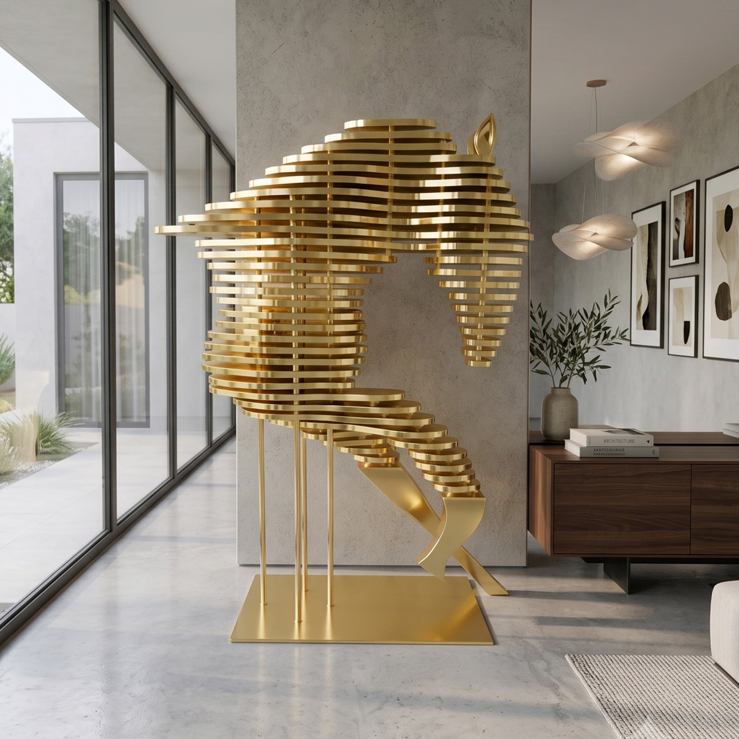 Rising Stallion Gold Steel Horse Sculpture by Giant Sculptures, 160cm rearing horse in stacked gold rings, displayed in a modern hallway beside a walnut console.