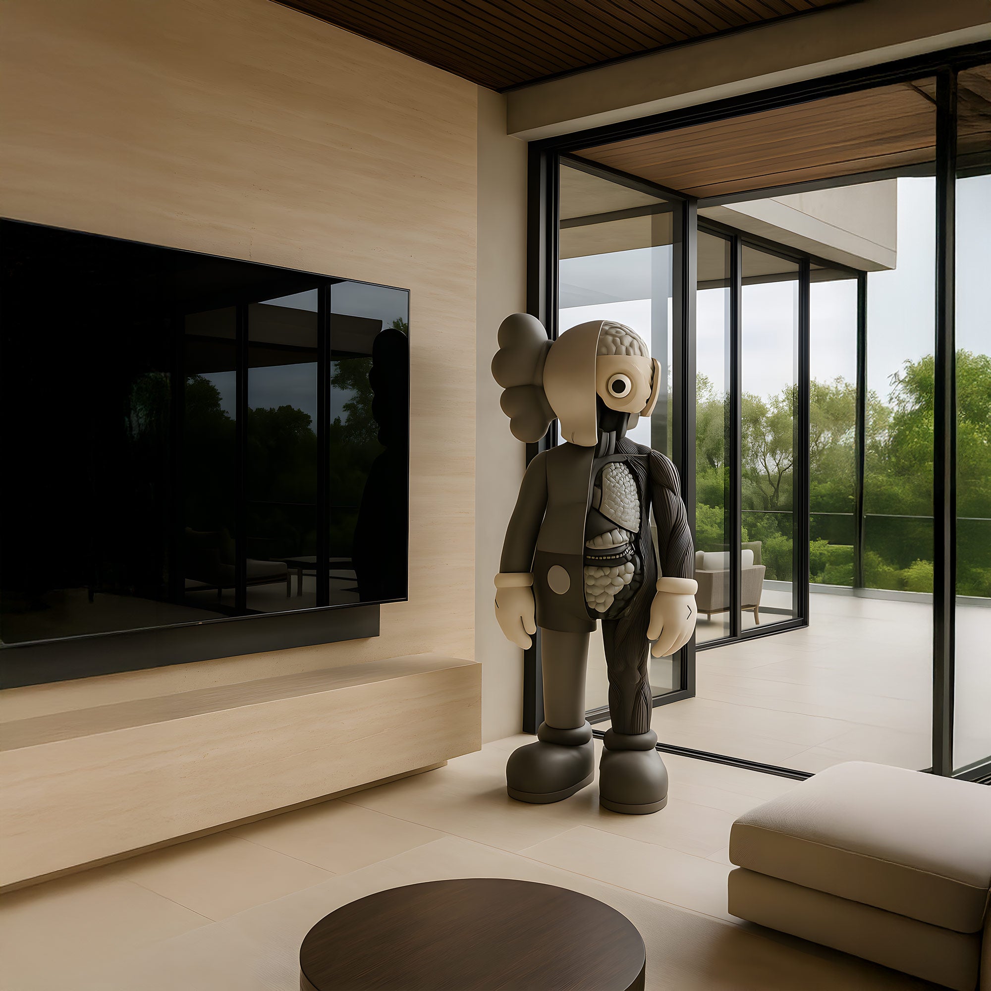 A modern living room features a 130cm Slate Grey Iconify Anatomy Sculpture by Giant Sculptures near window views of lush greenery. The space, with its flat-screen TV and light-toned furniture, exudes precision craftsmanship and minimalistic contemporary artistry.