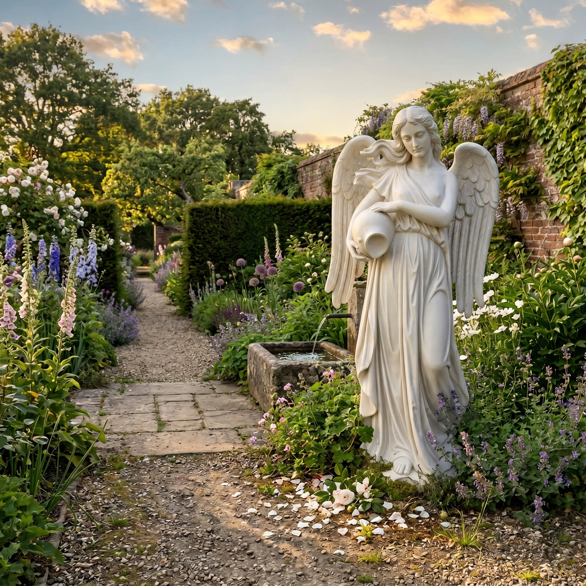 Giant Sculptures Cemetery Praying Angel Marble Outdoor Sculpture, 160cm white marble angel with detailed wings and flowing robes pouring water from a jug, set in a lush English garden.