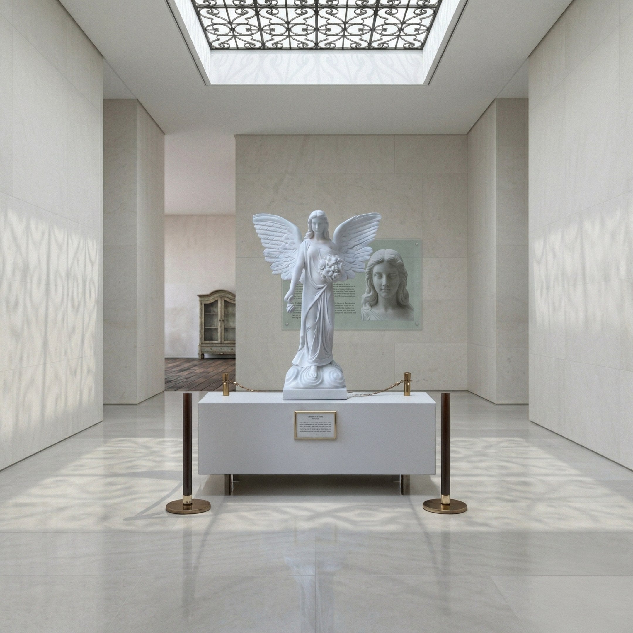 The Giant Sculptures Winged Flower Angel Marble Outdoor Sculpture (200cm) stands on a pedestal in a bright gallery with high ceilings, cream walls, and a skylight overhead; a woman's portrait hangs behind the statue.