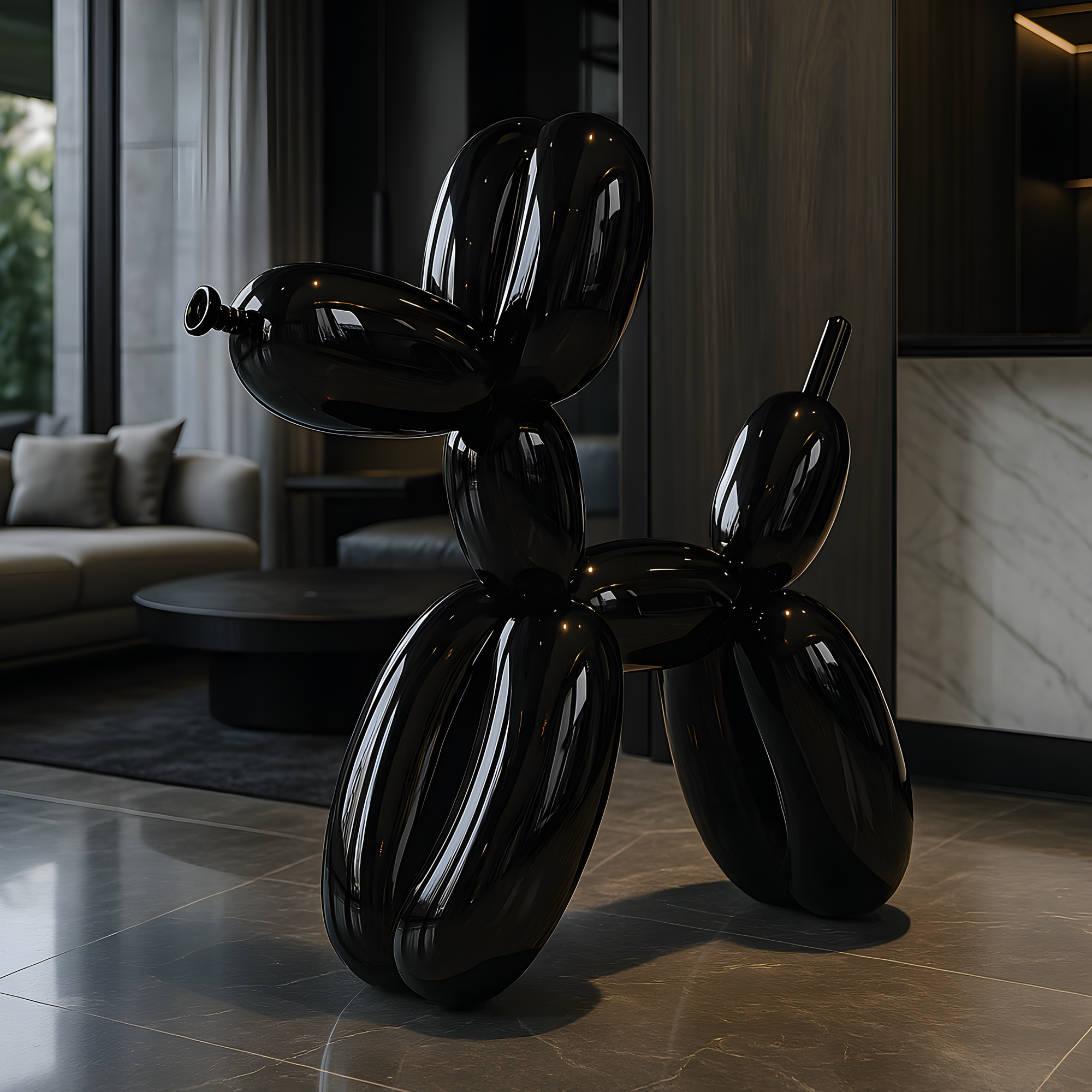 The Onyx Black Balloon Dog Sculpture - 80cm by Giant Sculptures dazzles on a glossy floor in a modern living room, surrounded by a sleek sofa and large windows. This contemporary art piece beautifully reflects light, enhancing the space with elegant, modern aesthetics.