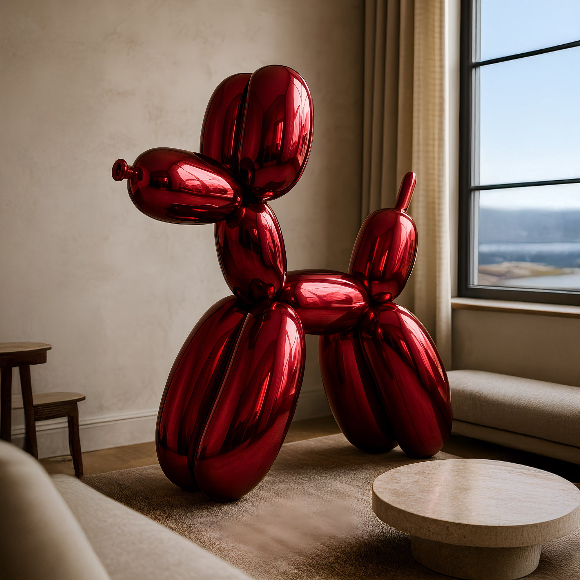 A Fire Red Balloon Dog Sculpture by Giant Sculptures stands in a minimalist living room, enhancing the beige decor. A round wooden table sits nearby, and a large window illuminates the space with natural light.