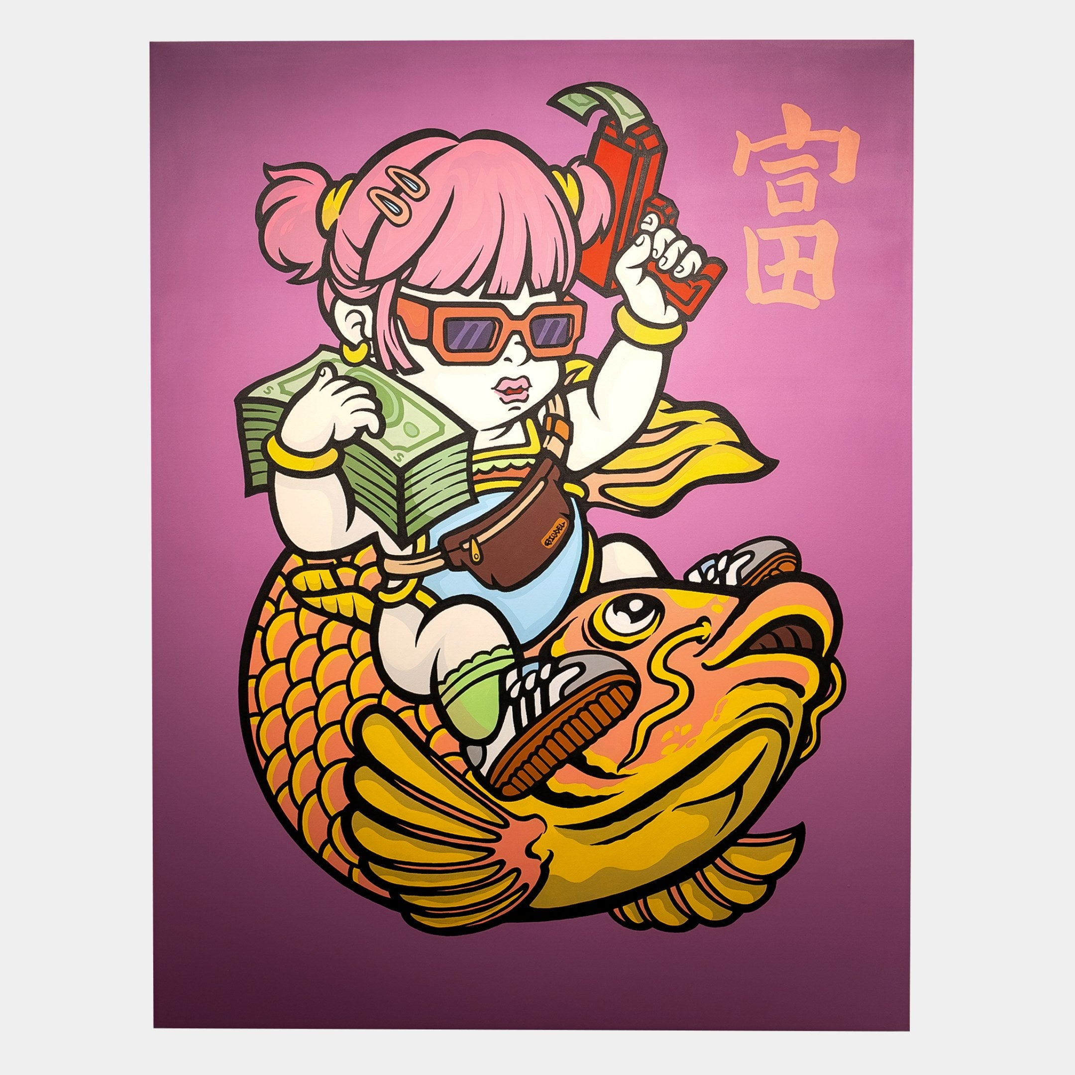 The Prosperous Baby Canvas Wall Art by Giant Sculptures shows a cartoon girl with pink hair, sunglasses, and a blue outfit sitting on a gold fish with money and a red toy gun. The vibrant canvas features Asian elements and a Chinese character on the pink background.