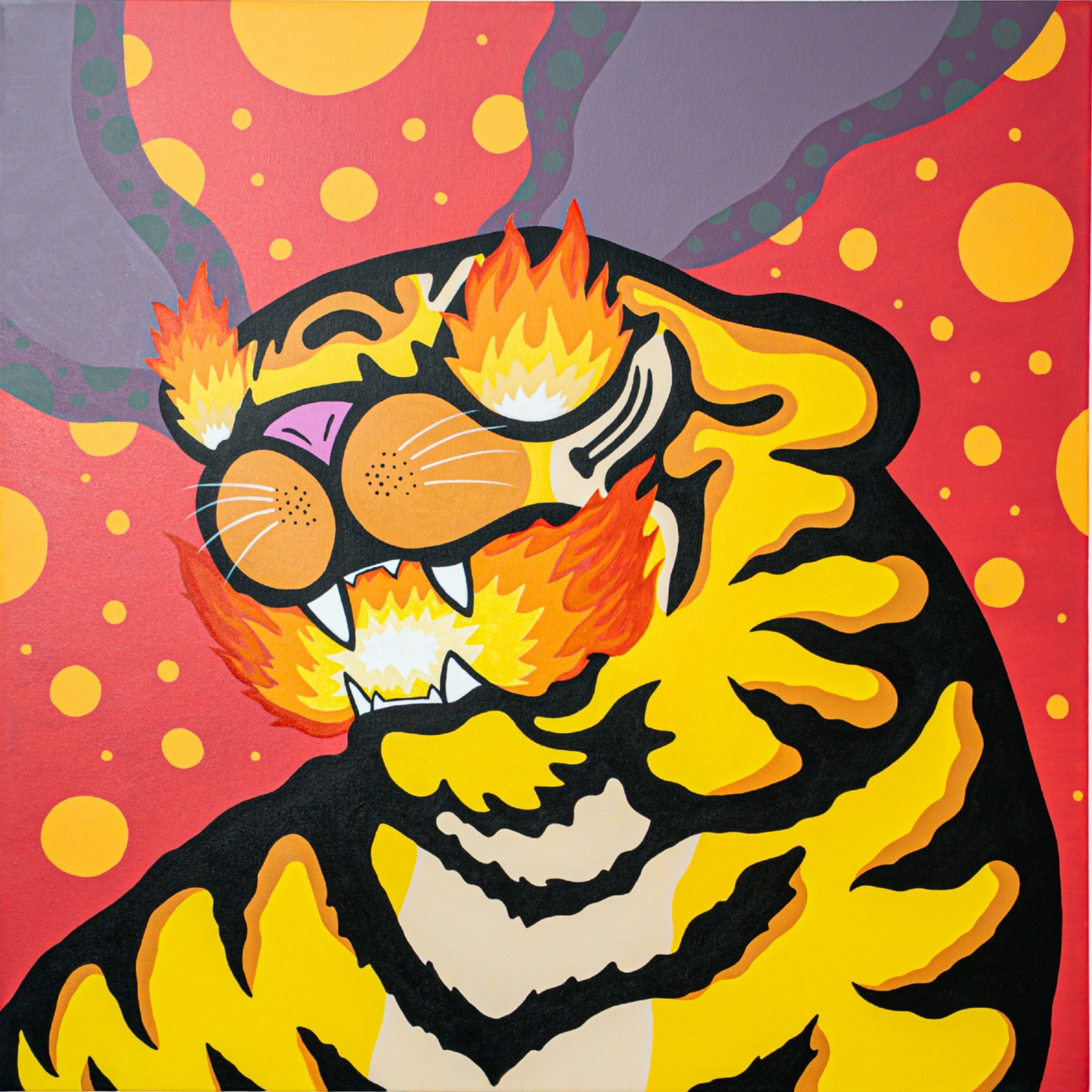 The Fire Tiger Pop Art Canvas Painting by Giant Sculptures features bold, stylized flames for eyes, eyebrows, and whiskers on a vibrant red backdrop with yellow-orange circles, showcasing dynamic pop art energy.