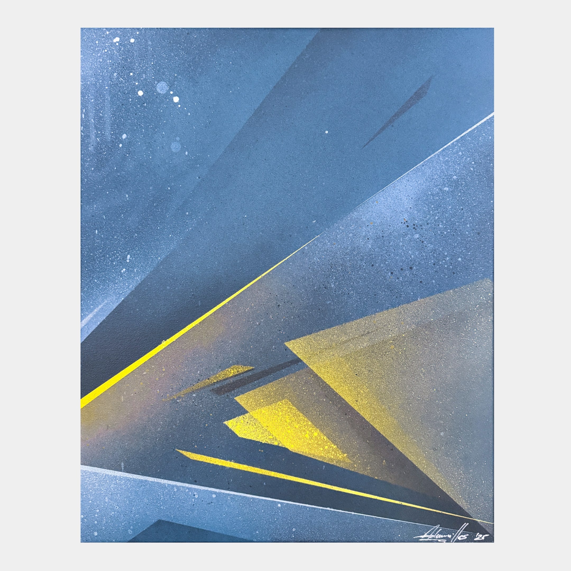 Skull&Stone II Abstract Canvas Wall Art by Giant Sculptures features sharp blue and gray angular shapes with bold yellow accents. This limited edition piece radiates energy through beams of light and geometric shards across the canvas.
