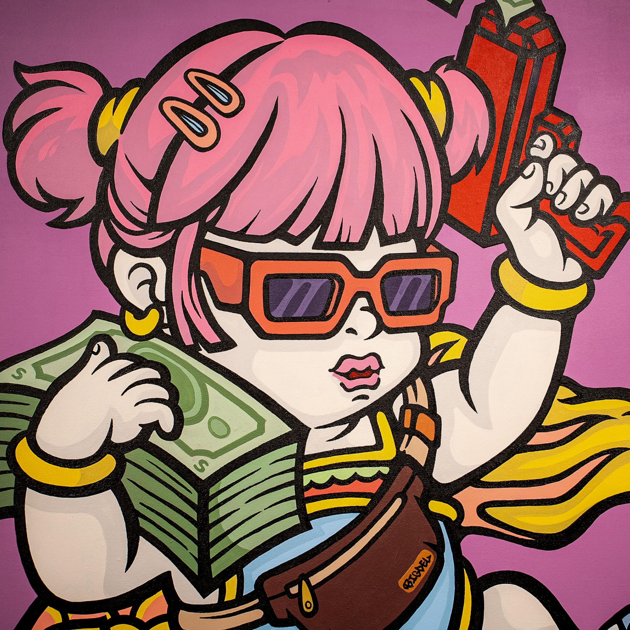 The Prosperous Baby Canvas Wall Art by Giant Sculptures features a pink-haired cartoon baby with orange sunglasses, clips, yellow accessories, brown bag, and red toy gun on a purple background—playful Asian vibes for your wall.