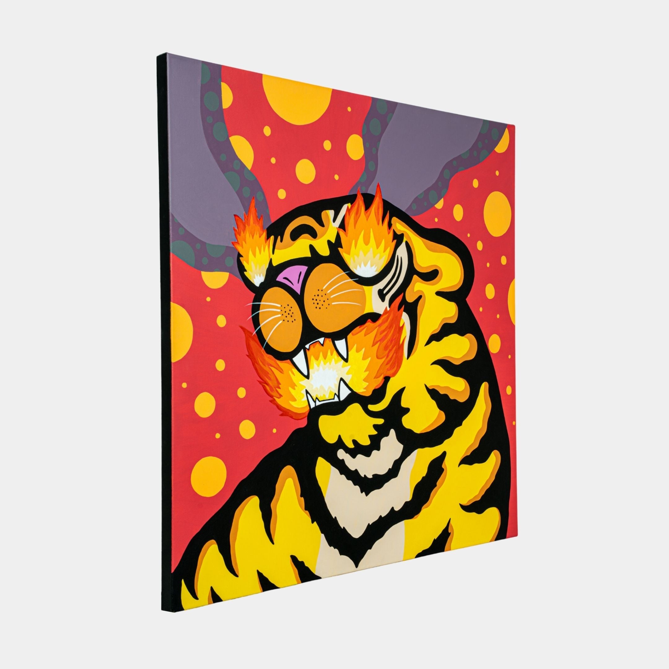 The Fire Tiger Pop Art Canvas Painting by Giant Sculptures features a vivid depiction of a fire tiger with exaggerated facial flames and round glasses, set against a red backdrop with yellow and orange circles, offering a surreal and dynamic feel.