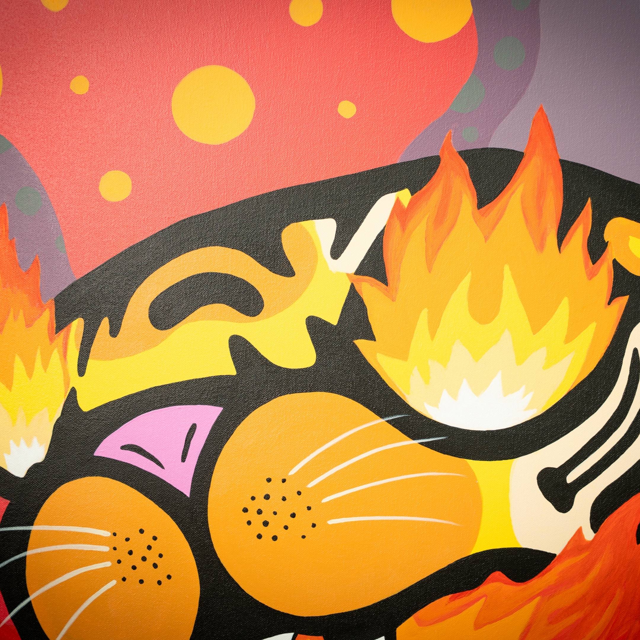 The Fire Tiger Pop Art Canvas Painting by Giant Sculptures features a stylized cat with closed eyes and a playful expression, surrounded by bold colors and abstract flames against a vibrant red backdrop, creating a dynamic and lively composition.