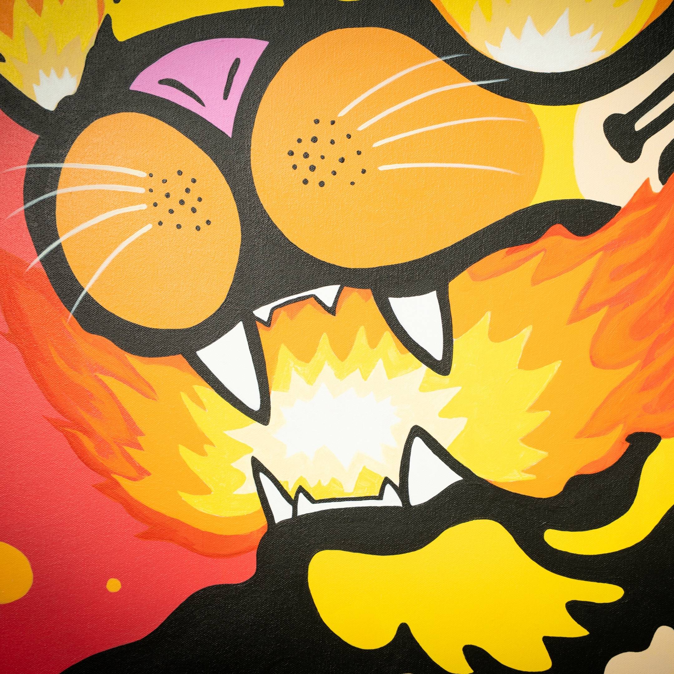 The Fire Tiger Pop Art Canvas Painting by Giant Sculptures features a colorful cartoon-style depiction of a fierce cat with oversized eyes, prominent whiskers, sharp fangs, and a fiery mane, all set against a vivid red and orange backdrop.