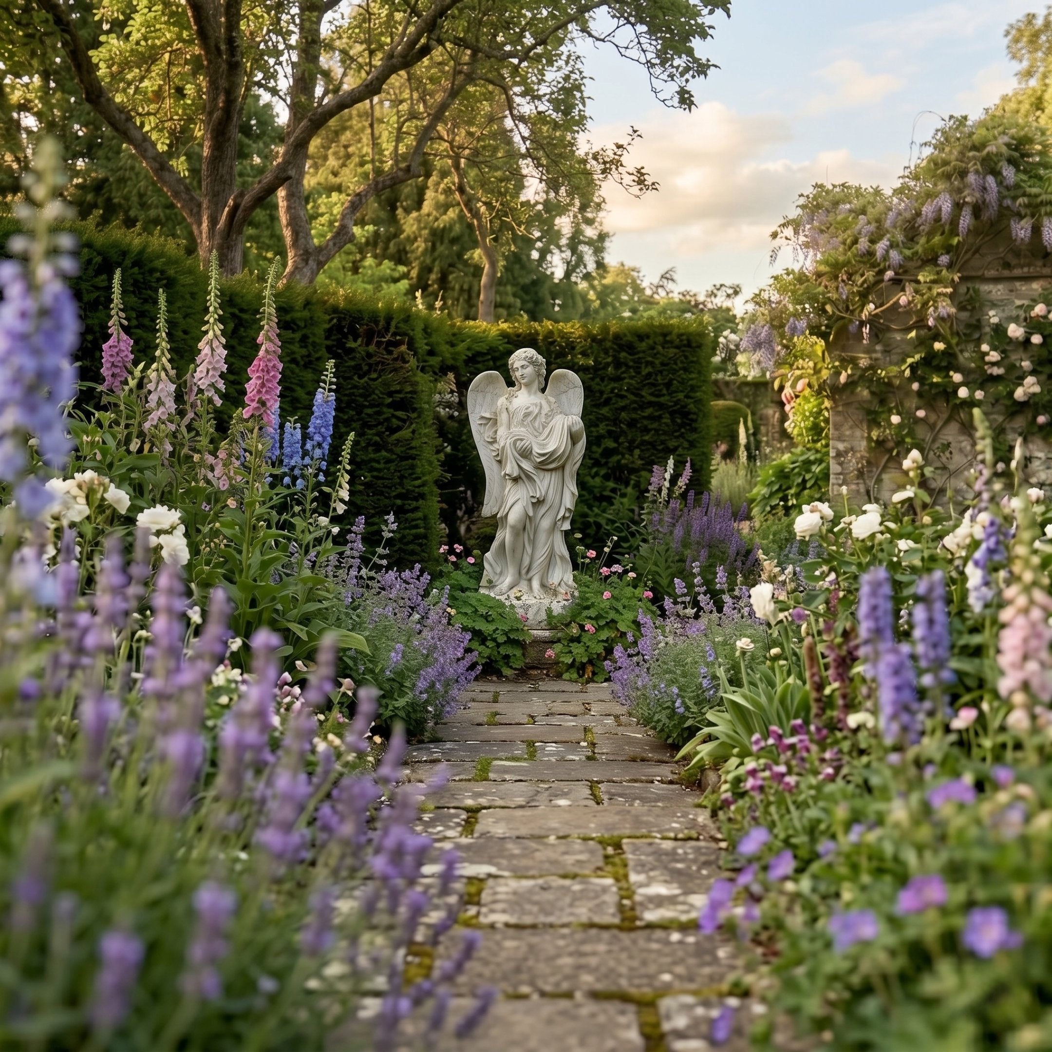 Life-Size Garden Angel Marble Outdoor Sculpture by Giant Sculptures, 180cm white marble angel with outstretched wings and flowing drapery, set in a lush garden along a stone path.
