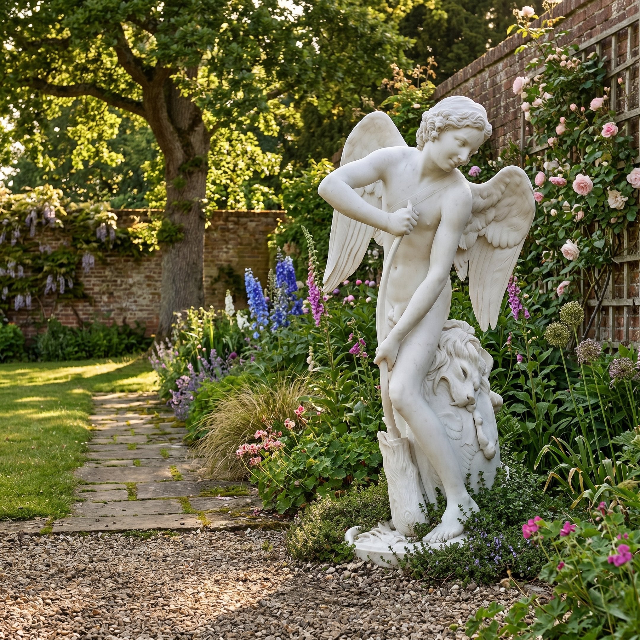 Naughty Cupid Angel Marble Outdoor Sculpture in white marble, 150cm, shown in a walled English garden with climbing roses, delphiniums, and a gravel path.