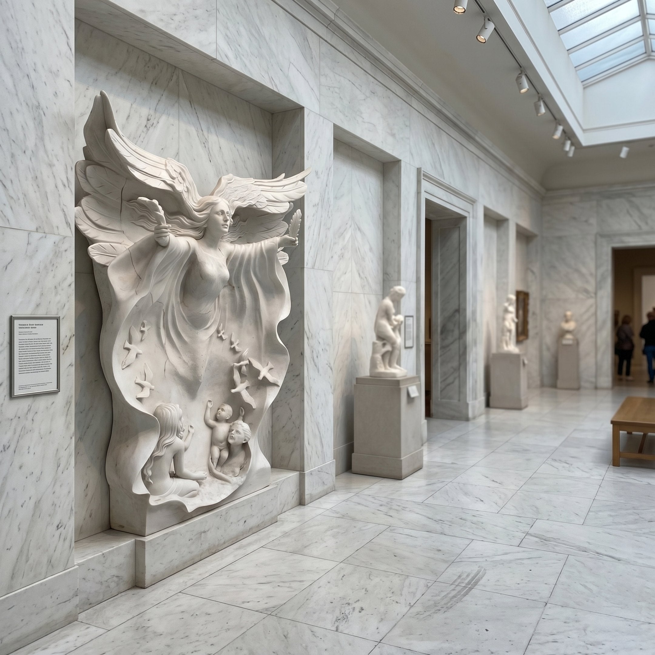 Protective Embrace Angel Marble Outdoor Sculpture by Giant Sculptures, 180cm white marble relief of a winged angel with flowing robes and birds, displayed in a marble-clad gallery hall.