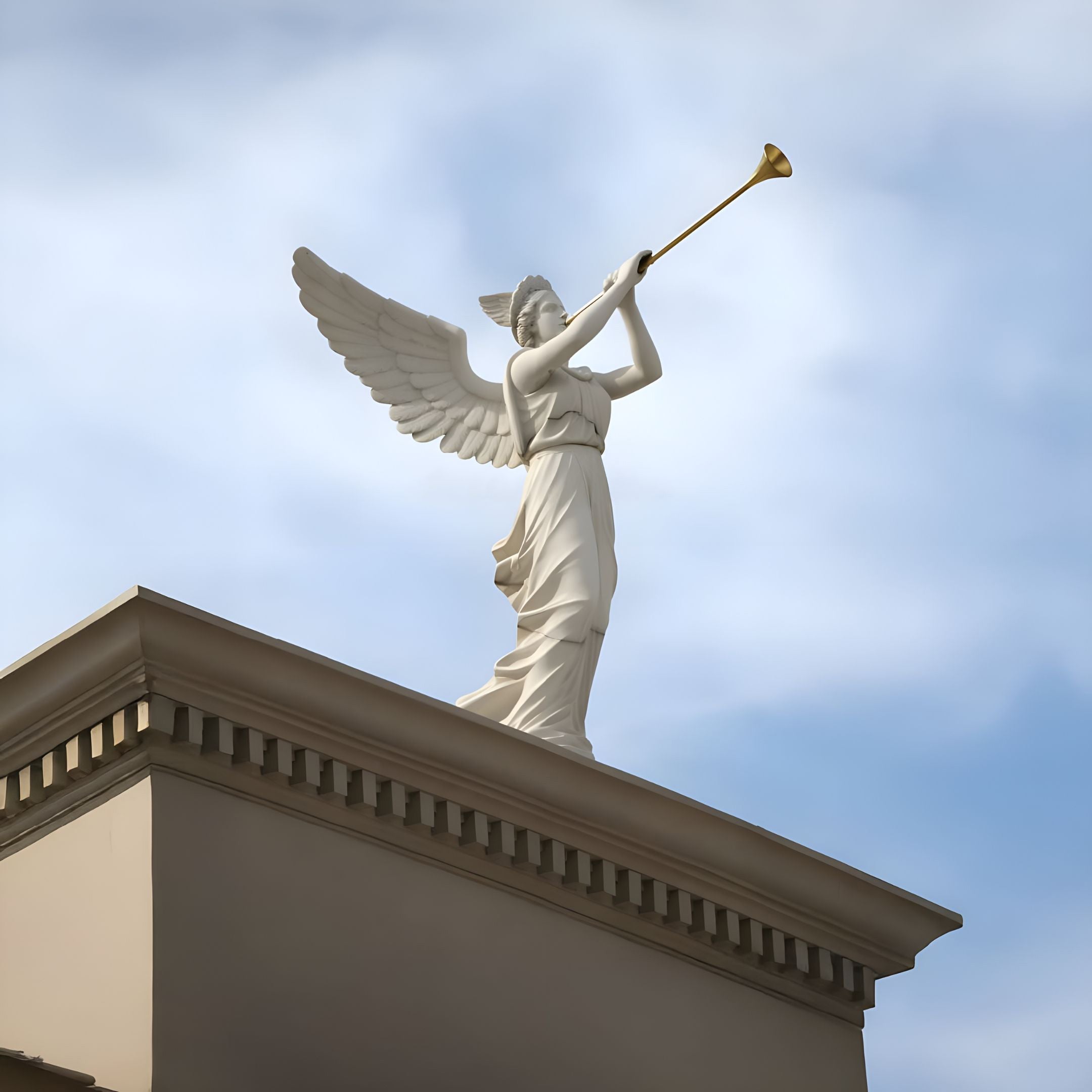 Giant Sculptures Trumpeting Herald Angel Marble Outdoor Sculpture, standing 300cm tall, features a masterfully crafted angel in a flowing gown and outstretched wings, playing a trumpet against a cloudy blue sky on a buildings edge.