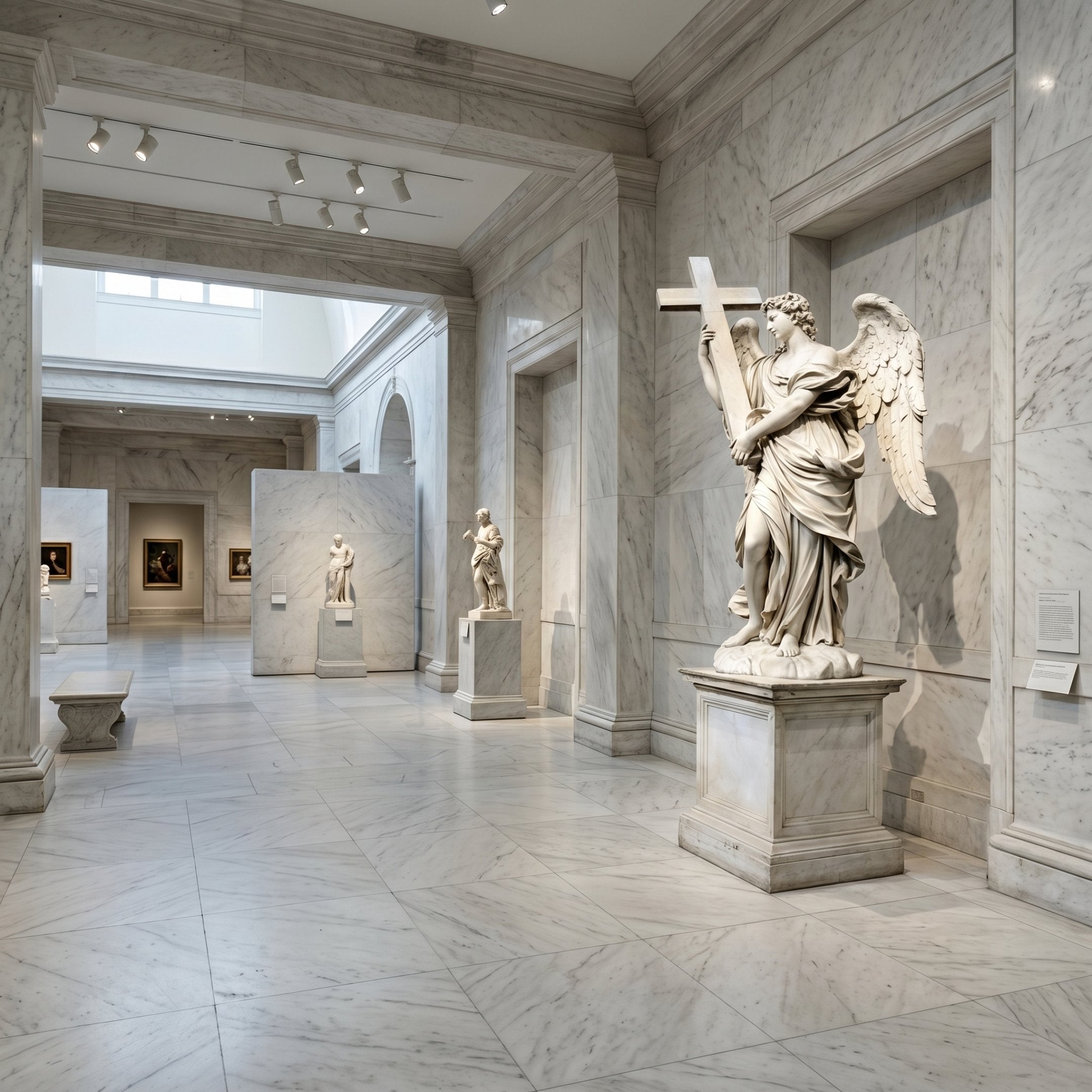 Angel Holding Cross marble sculpture by Giant Sculptures, 280cm tall, depicting a winged angel in flowing robes clasping a cross, displayed on a pedestal in a marble-clad gallery.