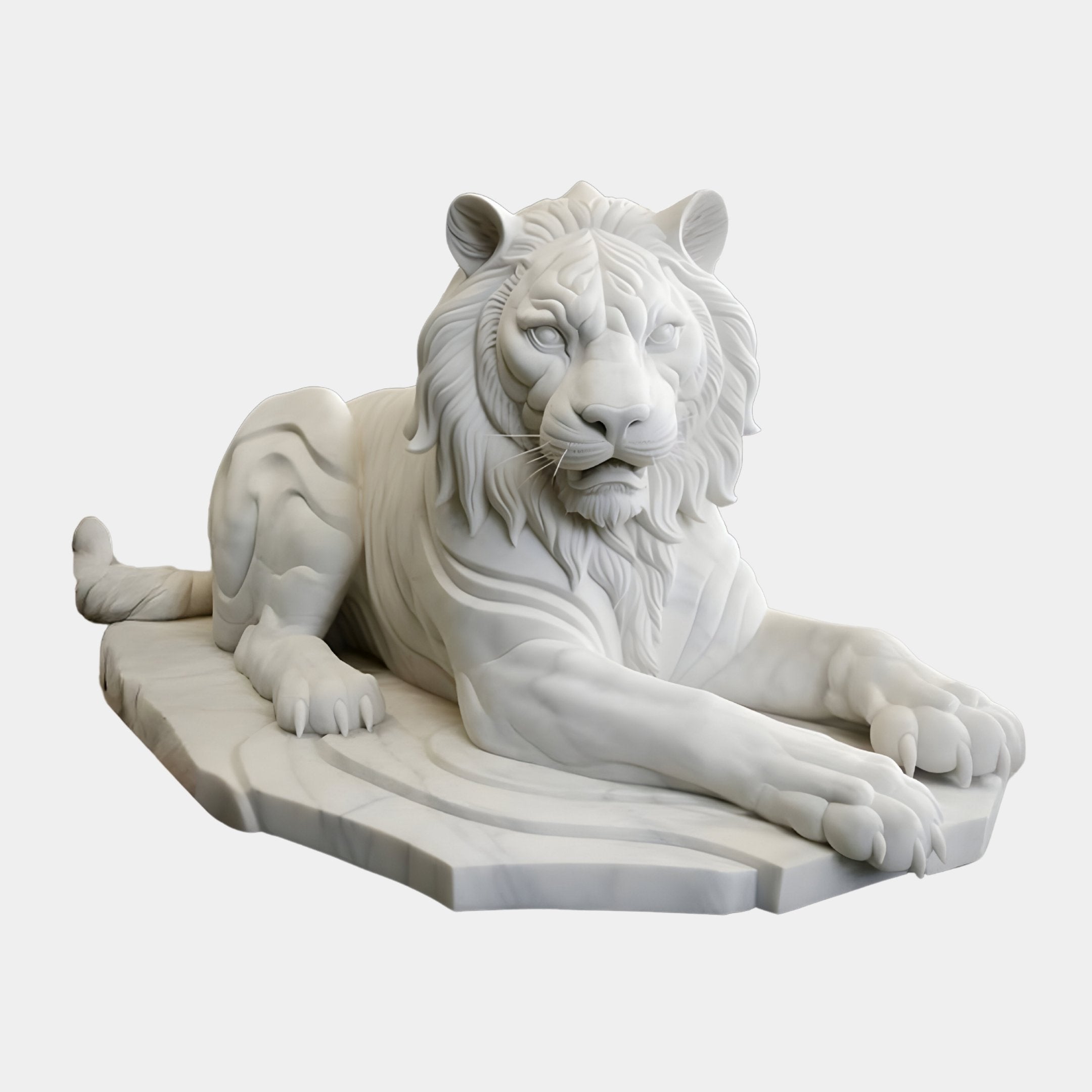 The Majestic Lying Tiger Marble Outdoor Sculpture by Giant Sculptures is a 120cm intricately detailed piece, showcasing a calm tiger with extended front legs on a hexagonal base.