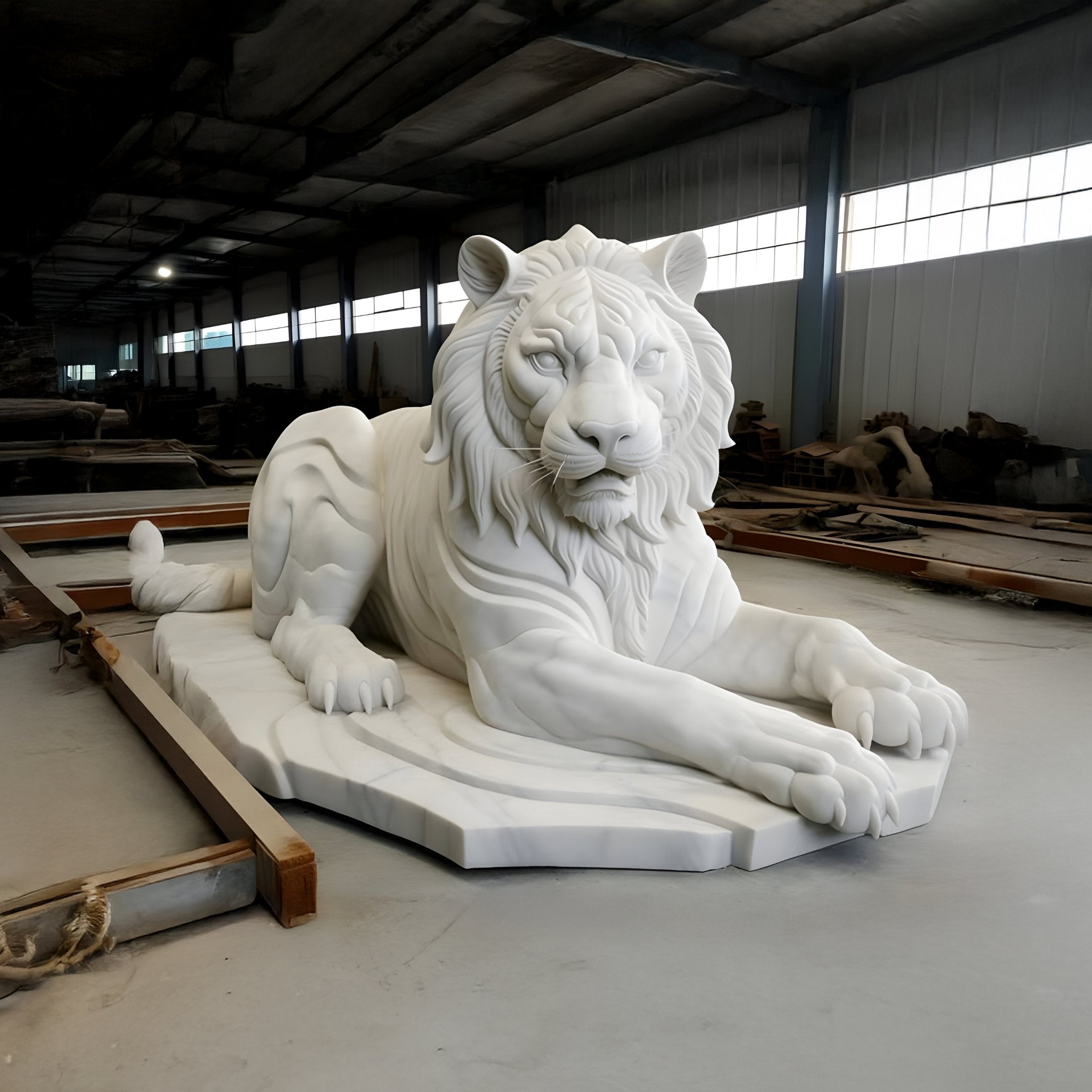 In a spacious industrial setting with high ceilings and windows, the Majestic Lying Tiger Marble Outdoor Sculpture - 120cm by Giant Sculptures features an intricately detailed white tiger on a stone base, capturing the lions finely carved features.