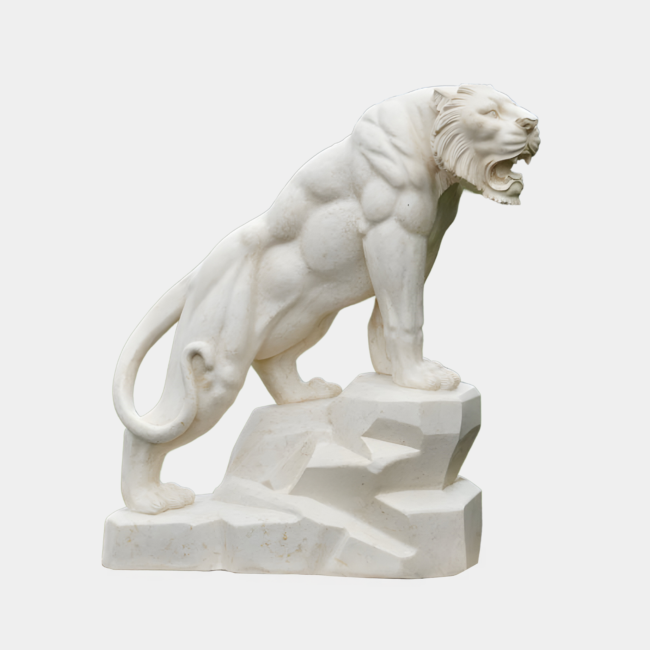 The Roaring Rock Tiger Marble Outdoor Sculpture by Giant Sculptures, standing 150cm tall, features a white hand-carved marble tiger with a muscular build and emotive face on a rocky base, highlighting its power against a plain background.