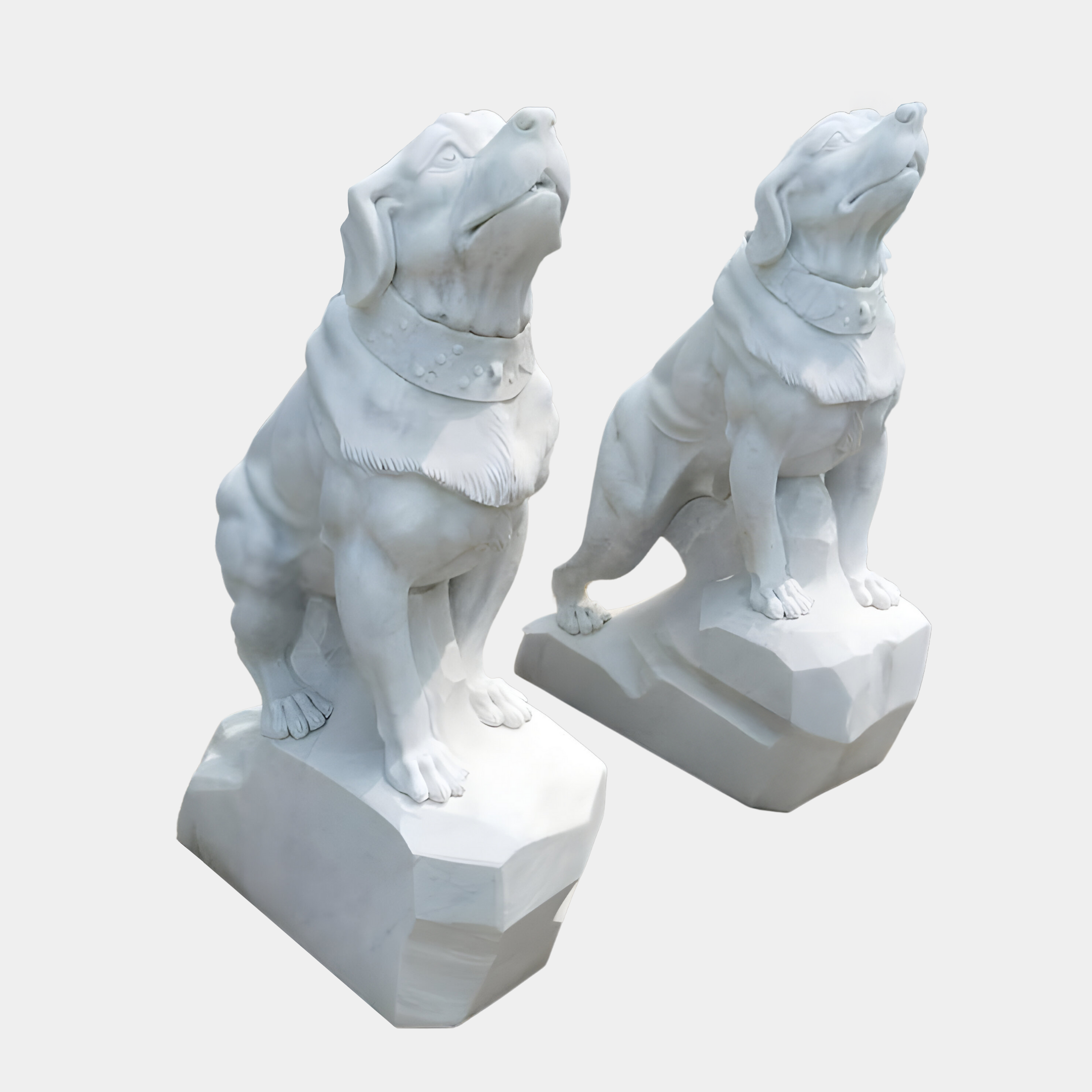 Two Giant Sculptures white marble Watchful Guardian Dog Outdoor Sculptures, each 120cm tall, stand on separate rectangular pedestals. The intricately carved dogs, adorned with collars, gaze upward with lifelike textures that capture their vigilant essence.