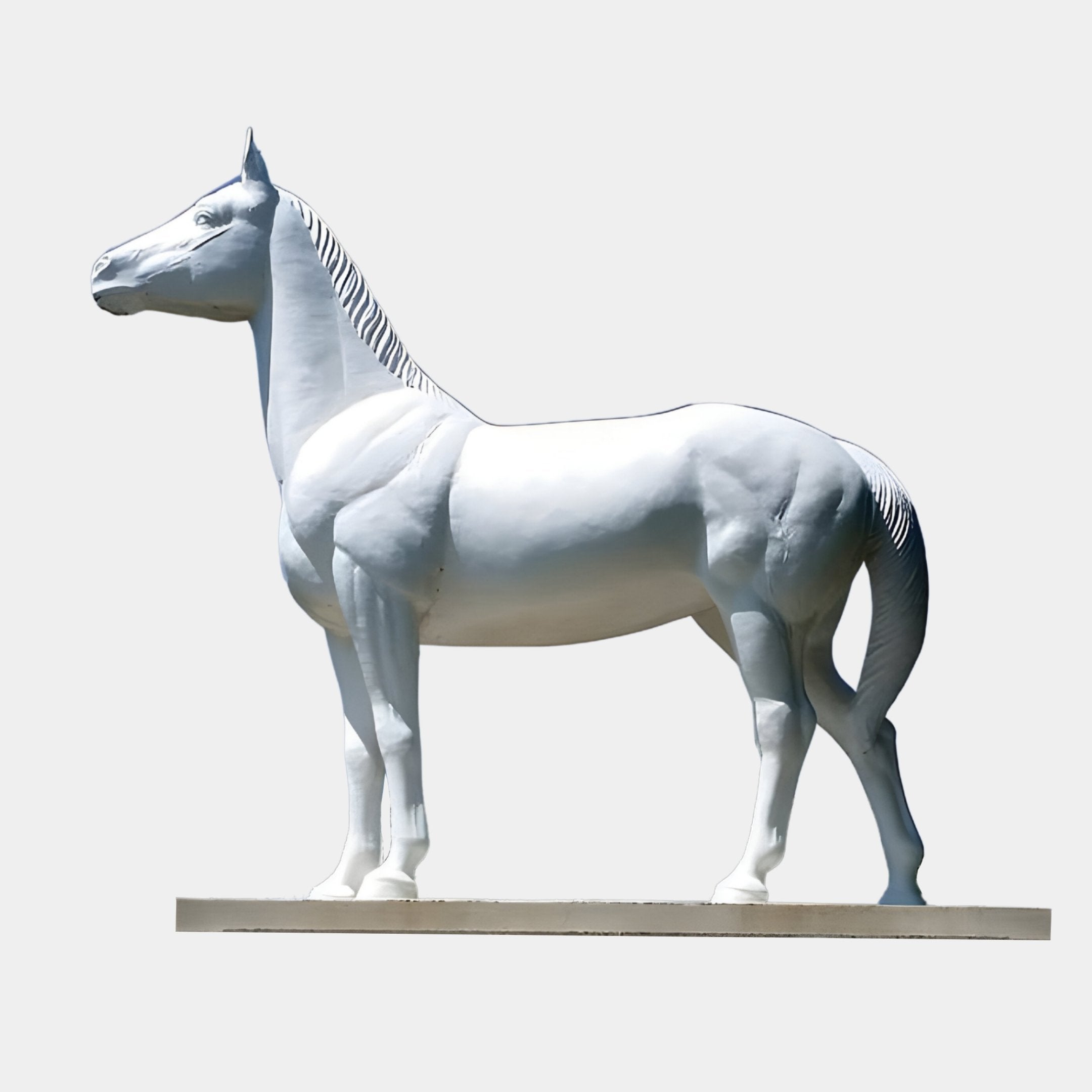 The Noble Standing Horse Marble Outdoor Sculpture - 220cm by Giant Sculptures features a majestic, hand-carved white horse on a plain gray background, highlighting intricate anatomical details and an elegant head-raised pose.