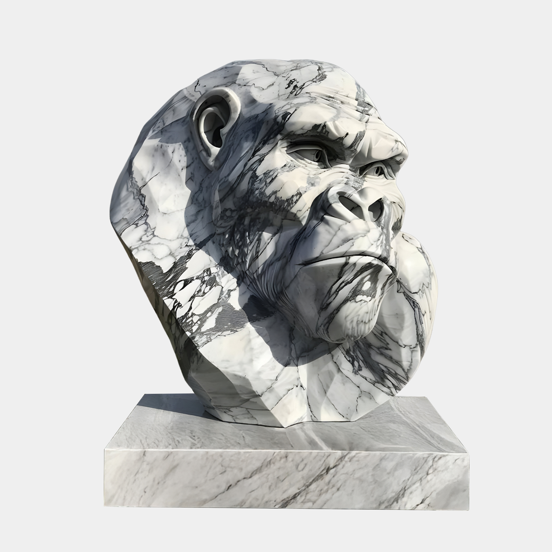 The Mighty Gorilla Bust Marble Outdoor Sculpture by Giant Sculptures, standing 60cm tall, features realistic veins and an intense presence. This piece is ideal for garden decor and strikingly contrasts against a plain white background.