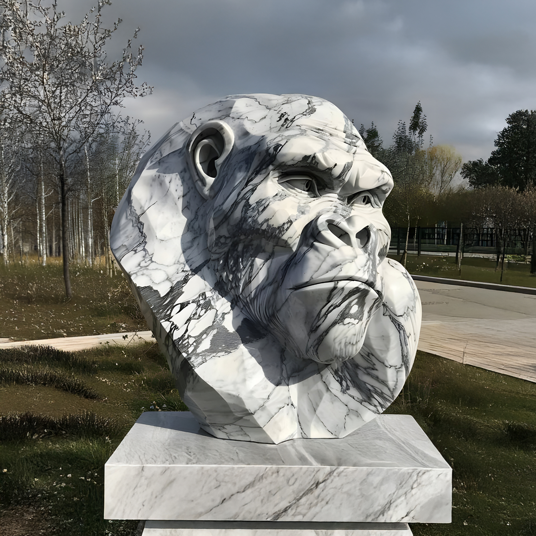 The Mighty Gorilla Bust Marble Outdoor Sculpture by Giant Sculptures stands majestically on a pedestal in the garden, surrounded by bare trees and lush grass under a cloudy sky, enhancing the natural beauty of the landscape.