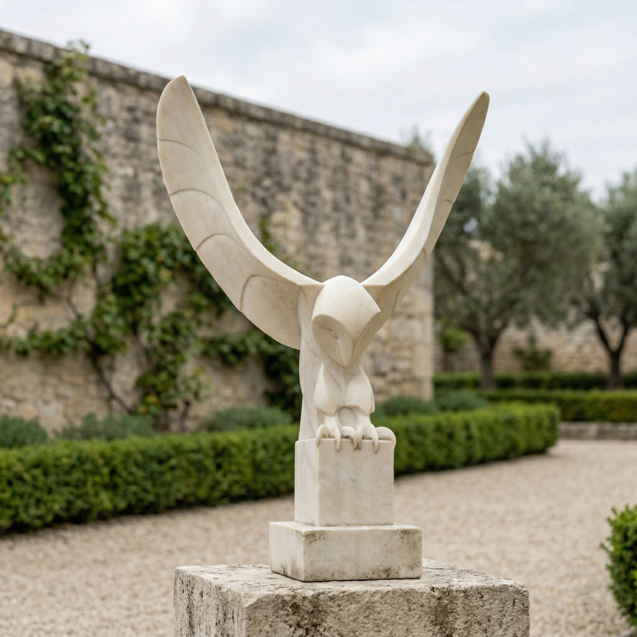The Swooping Arc Large Owl Outdoor Sculpture - 150cm by Giant Sculptures, featuring spread wings and a rectangular base, stands on a stone pedestal amid trimmed hedges, gravel paths, and a stone wall in the garden.