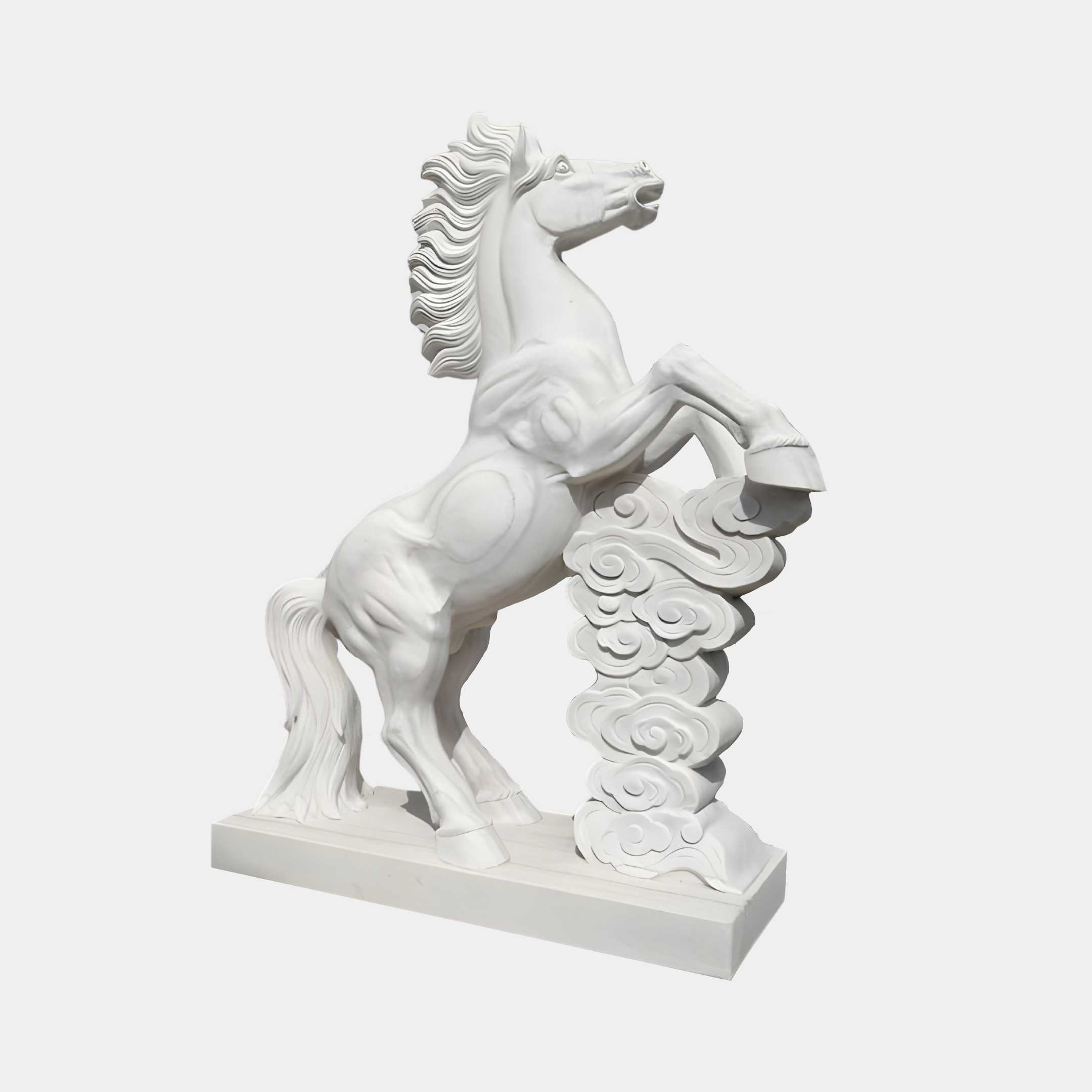 The Cloud-Rearing Horse Marble Outdoor Sculpture by Giant Sculptures features a rearing horse with a flowing mane, elevating its front legs on stylized clouds, set against a plain white background.