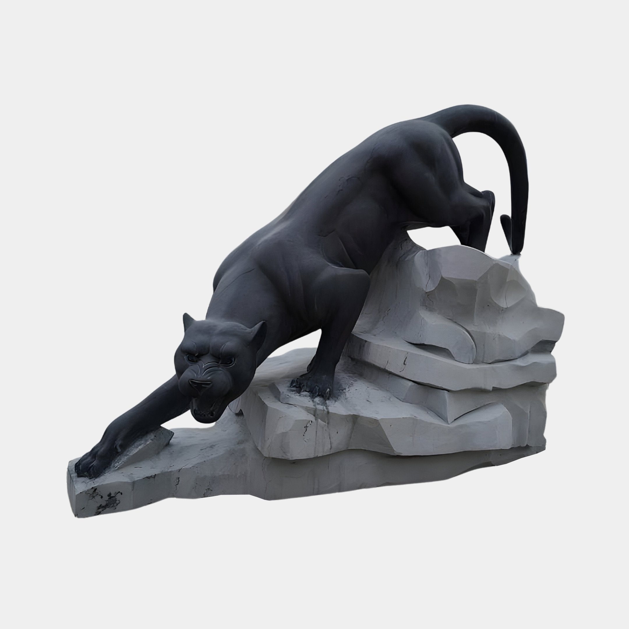 The Stealth Panther Marble Outdoor Sculpture by Giant Sculptures measures 150cm and depicts a panther on a rocky base with an extended front paw. Its sleek, muscular form signifies motion and alertness, embodying elegance and power against a plain white background.