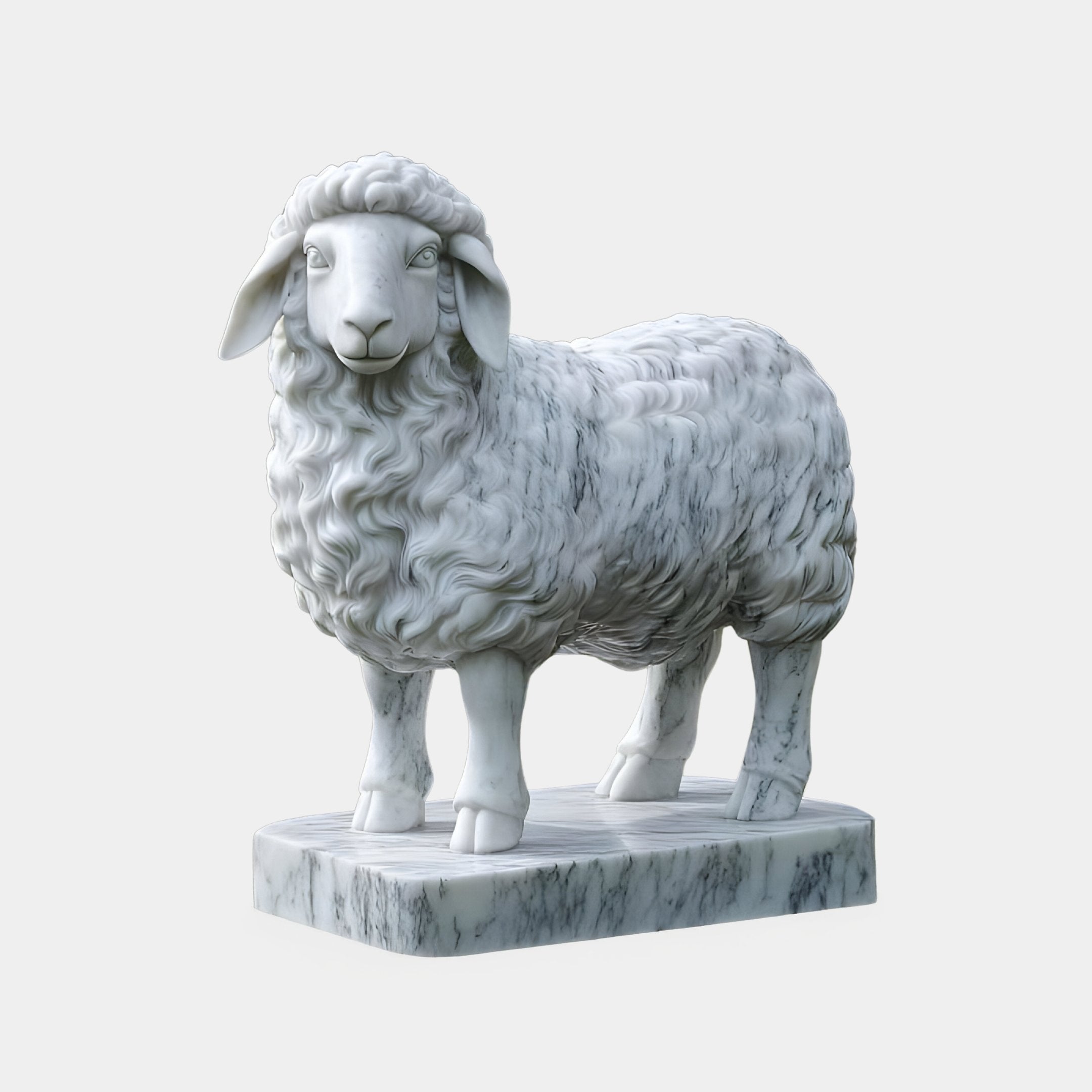 The 120cm Woolly Sheep Marble Outdoor Sculpture by Giant Sculptures features a detailed standing sheep with a textured curly coat and calm expression, crafted by master artisans. Its smooth, polished finish makes it an exquisite addition to any outdoor setting.