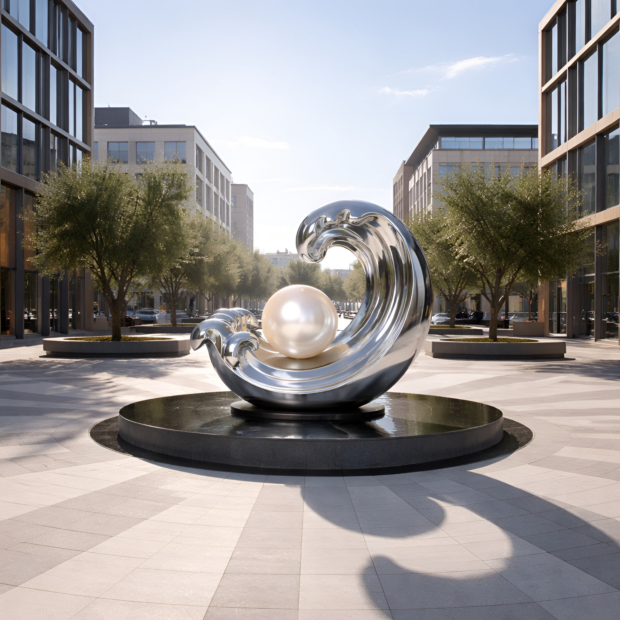 The Crescent Silver Wave Steel Sculpture - 200cm by Giant Sculptures features a stylized wave embracing a pearl, displayed on a circular platform in a modern plaza with trees and office buildings beneath clear skies.