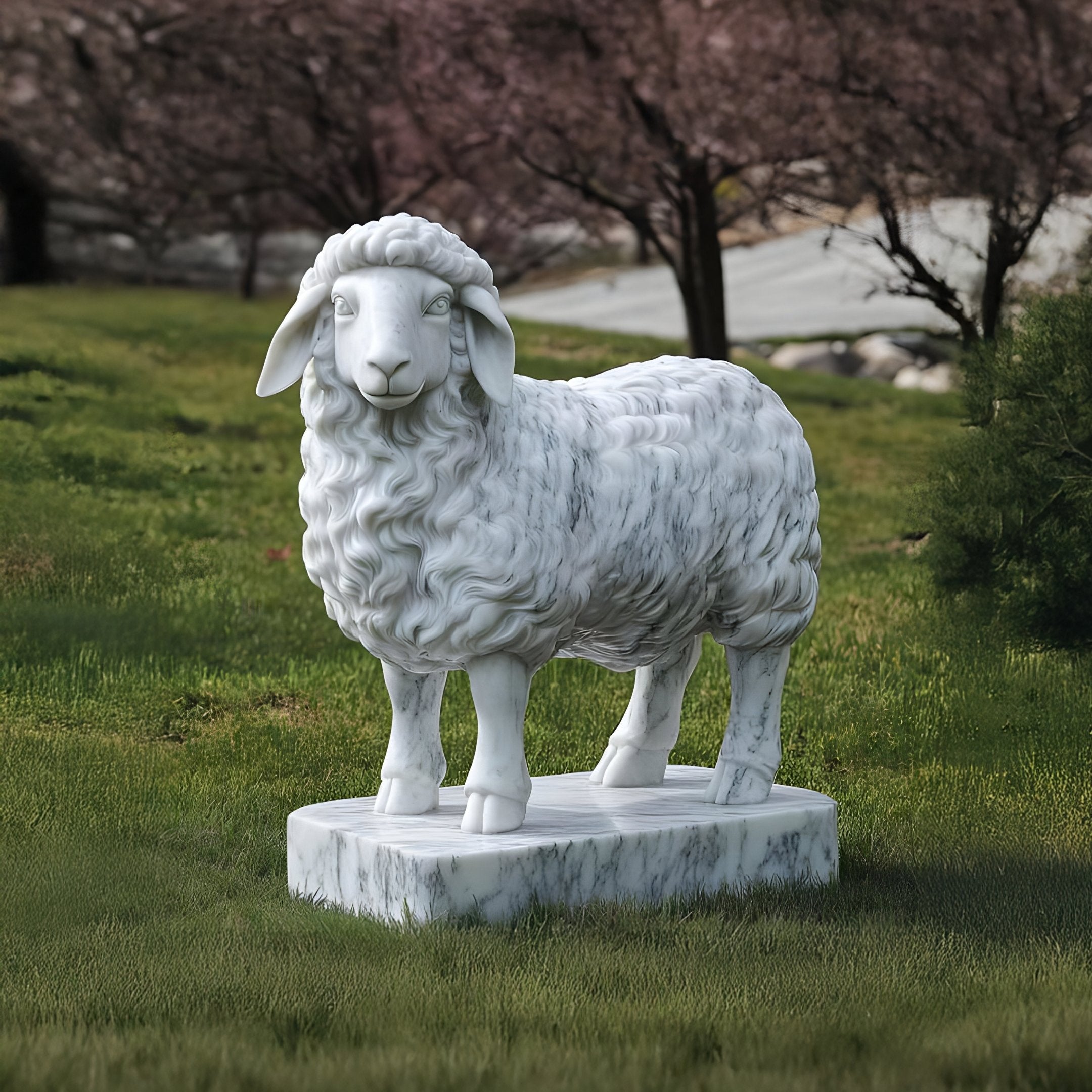 The Woolly Sheep Marble Outdoor Sculpture (120cm) by Giant Sculptures features a graceful sheep on a grassy field, expertly capturing the texture of its wool. In the background, trees with pink blossoms line a charming pathway.