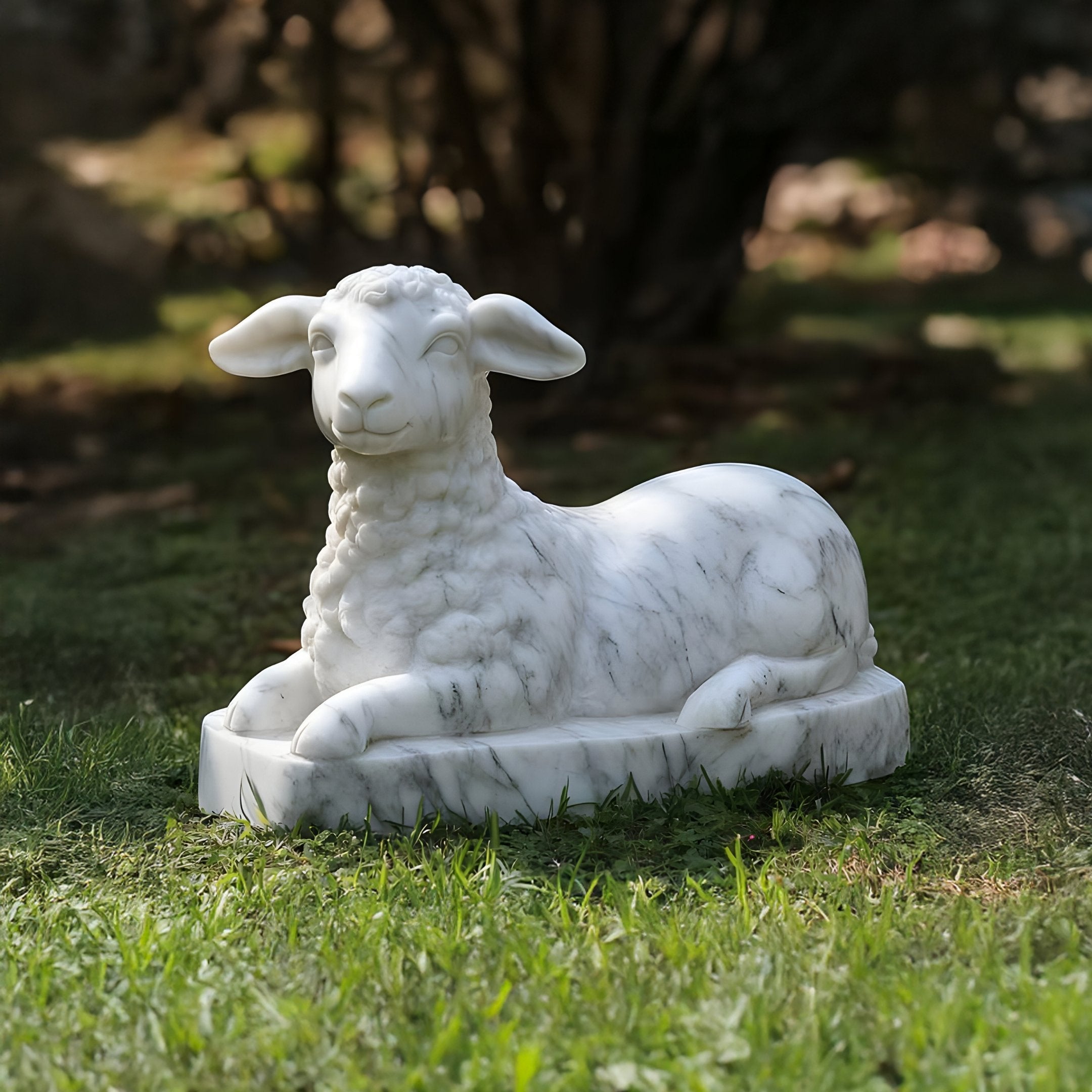 The Resting Lamb Marble Outdoor Sculpture by Giant Sculptures, standing at 70cm, graces a grassy lawn. This exquisite garden decor piece boasts finely crafted details that capture the sheeps wool texture while blurred trees and foliage enhance its charm in an outdoor setting.